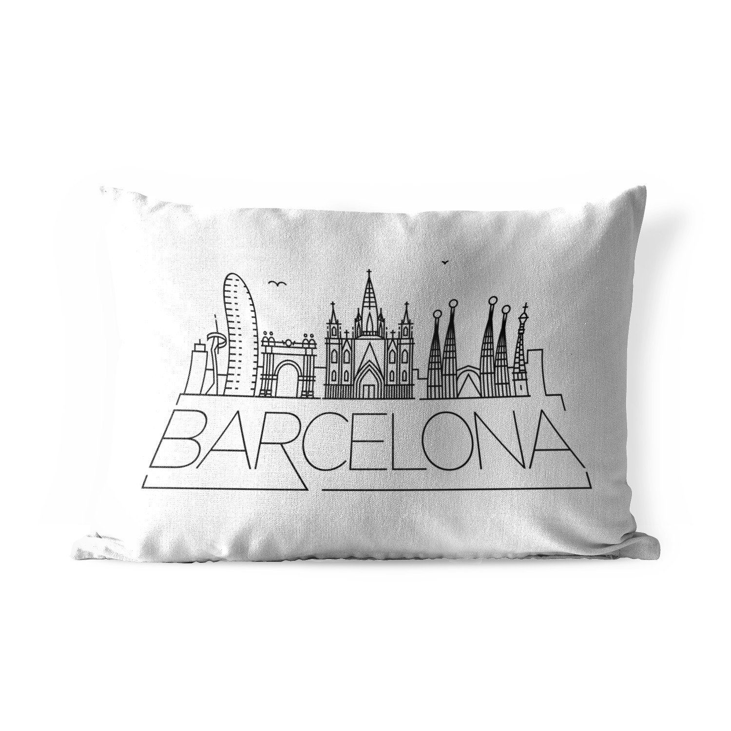 MuchoWow Dekokissen Skyline "Barcelona" schwarz auf weiß, Outdoor-Dekorationskissen, Polyester, Dekokissenbezug, Kissenhülle