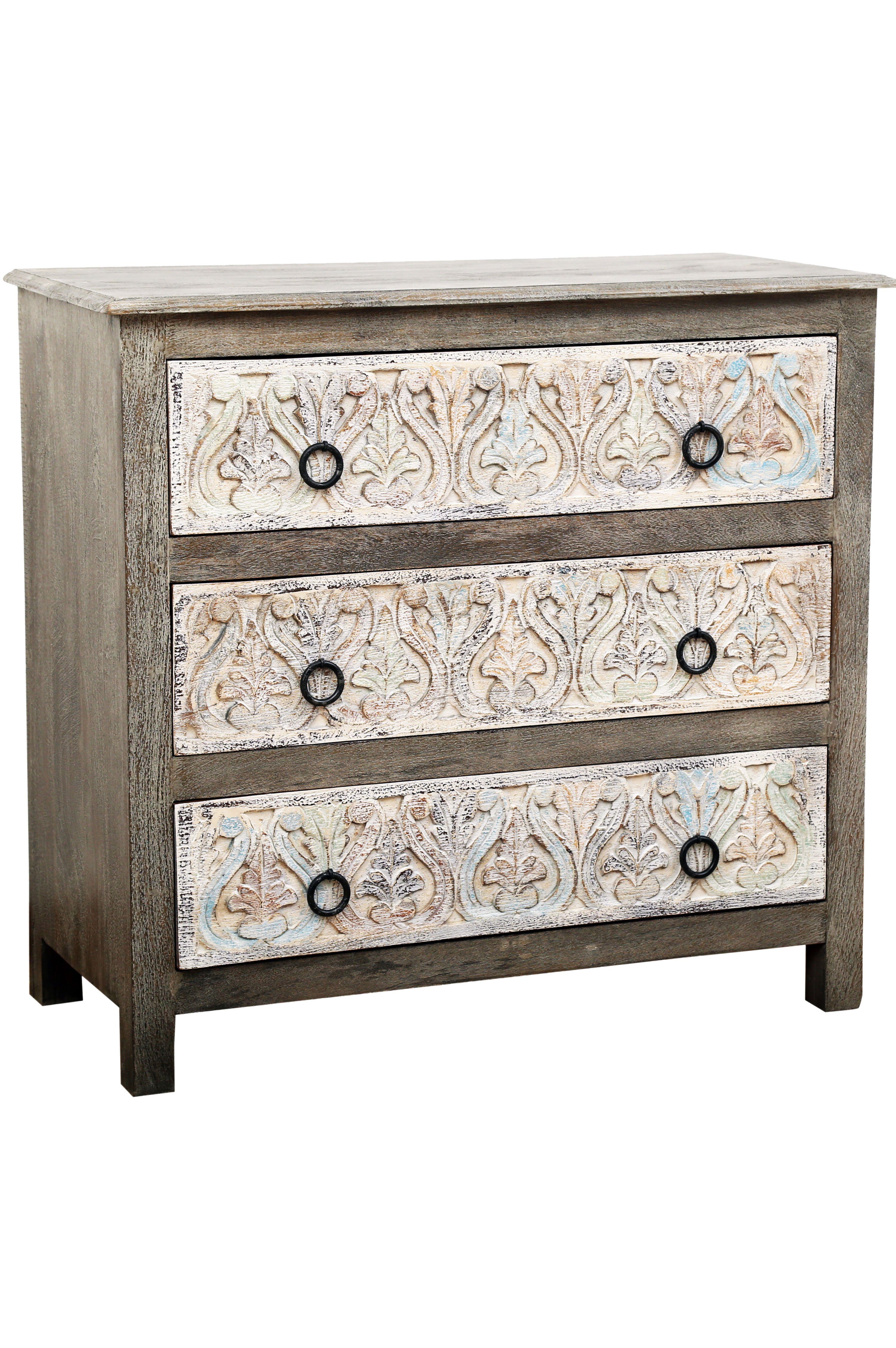 Kommode Indische Kommode Ashok handgefertigt aus Mangoholz in Grau-Weiß 90 cm