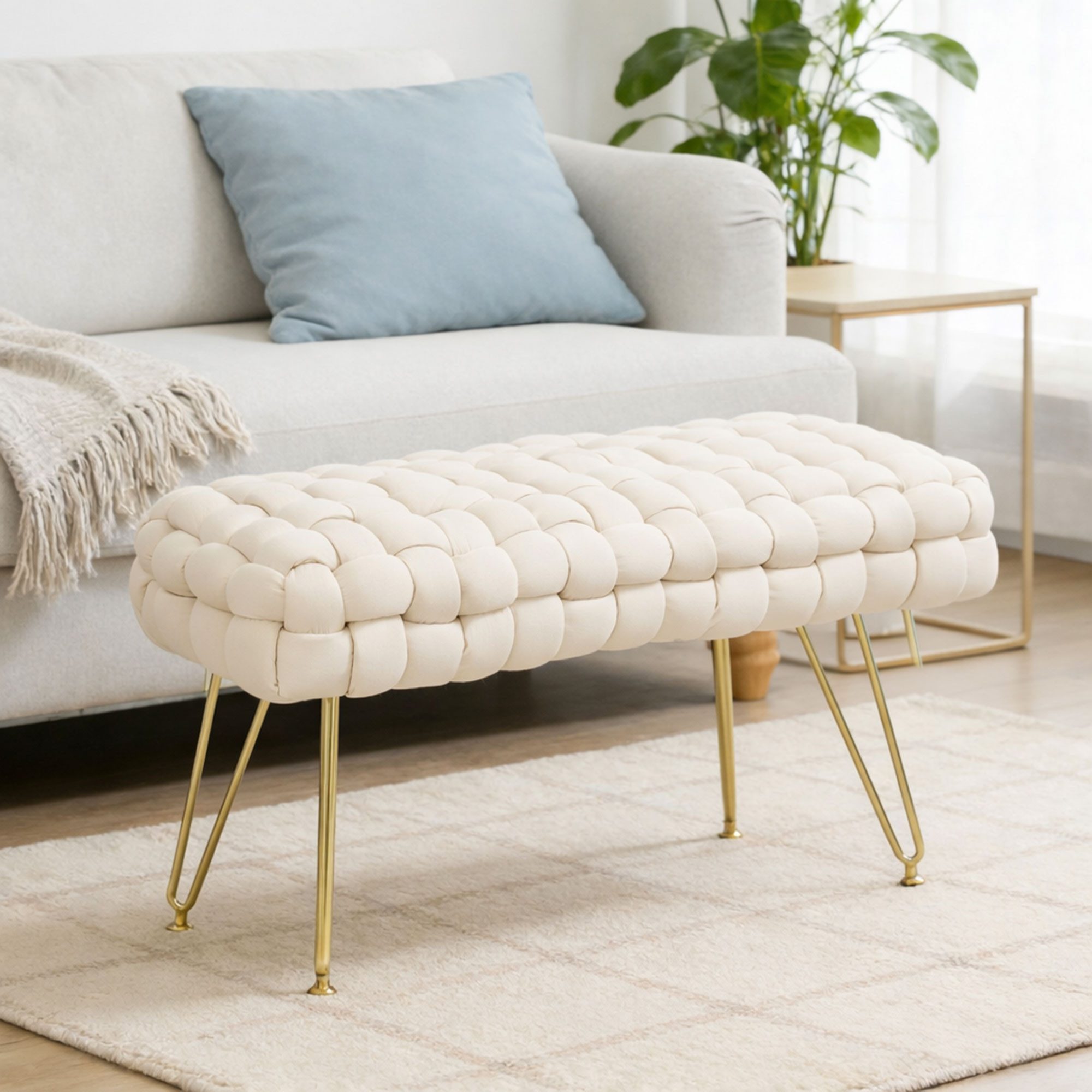 HOMCOM Fußhocker mit Samtoptik, gepolstertem Sitz, Metallbeine, Fußstütze (Sitzhocker, 1 St., Polsterhocker), für Wohnzimmer, Schlafzimmer, 76 x 38 x 41,5 cm, Cremeweiß