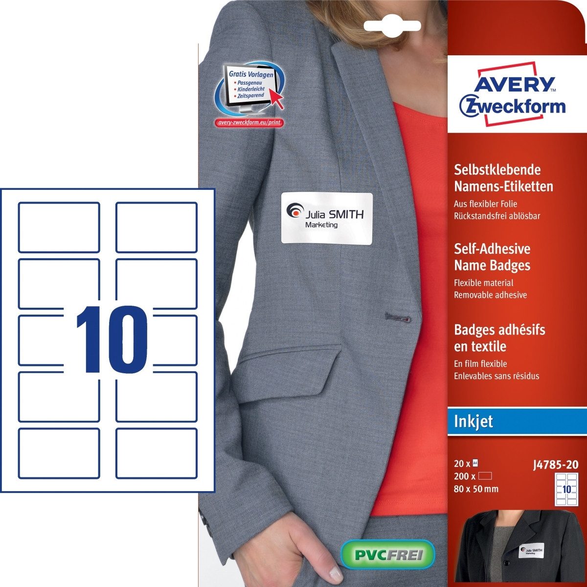 Avery Zweckform Etiketten Namens-Etiketten Inkjetdrucker 80x50mm weiß 200 Stück
