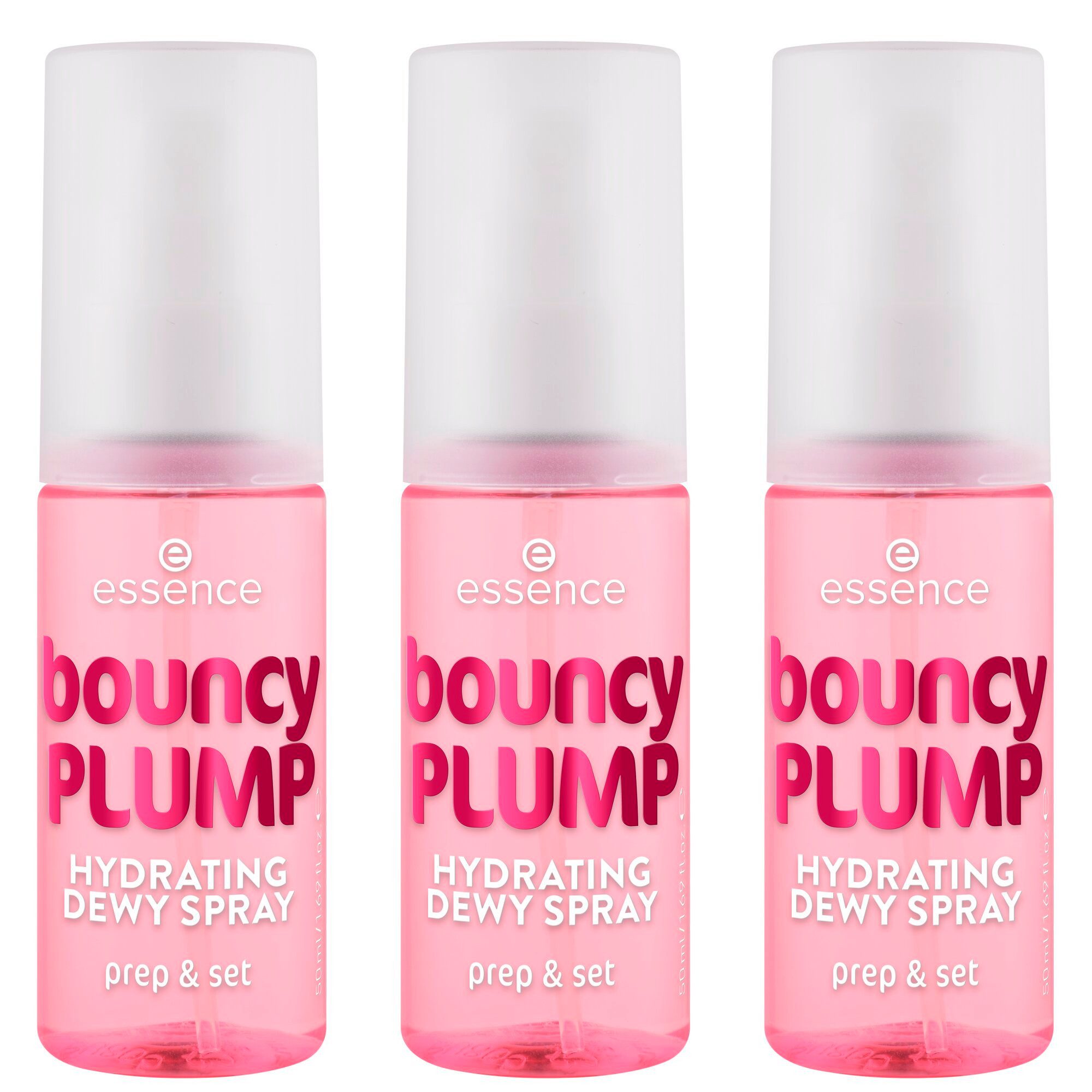 Essence Fixierspray bouncy PLUMP HYDRATING DEWY SPRAY, 3-tlg., 3-tlg., Plumping-Effekt, pflegend, frischer Duft