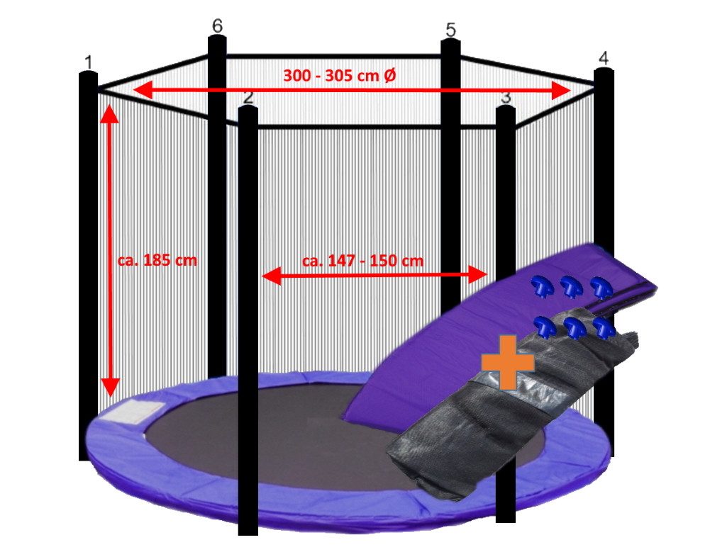 Gartentrampolin Trampolin Randabdeckung mit Sicherheitsnetz für 6 Stangen