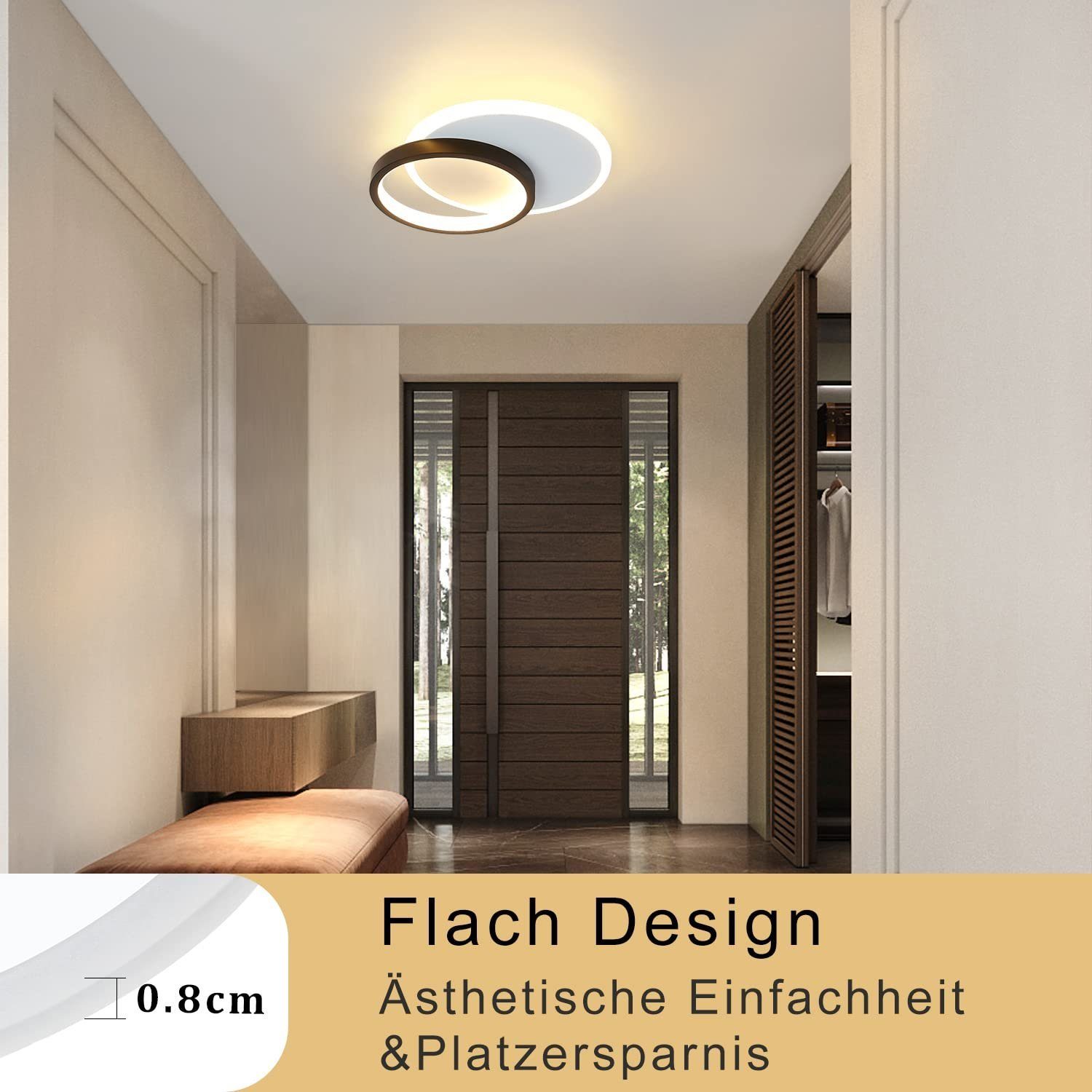 Modern Schwarz LED Design fest Warmweiß, integriert, Wohnzimmerlampe, 12W LED Ringe, Weiß Deckenleuchte 2 Acryl ZMH