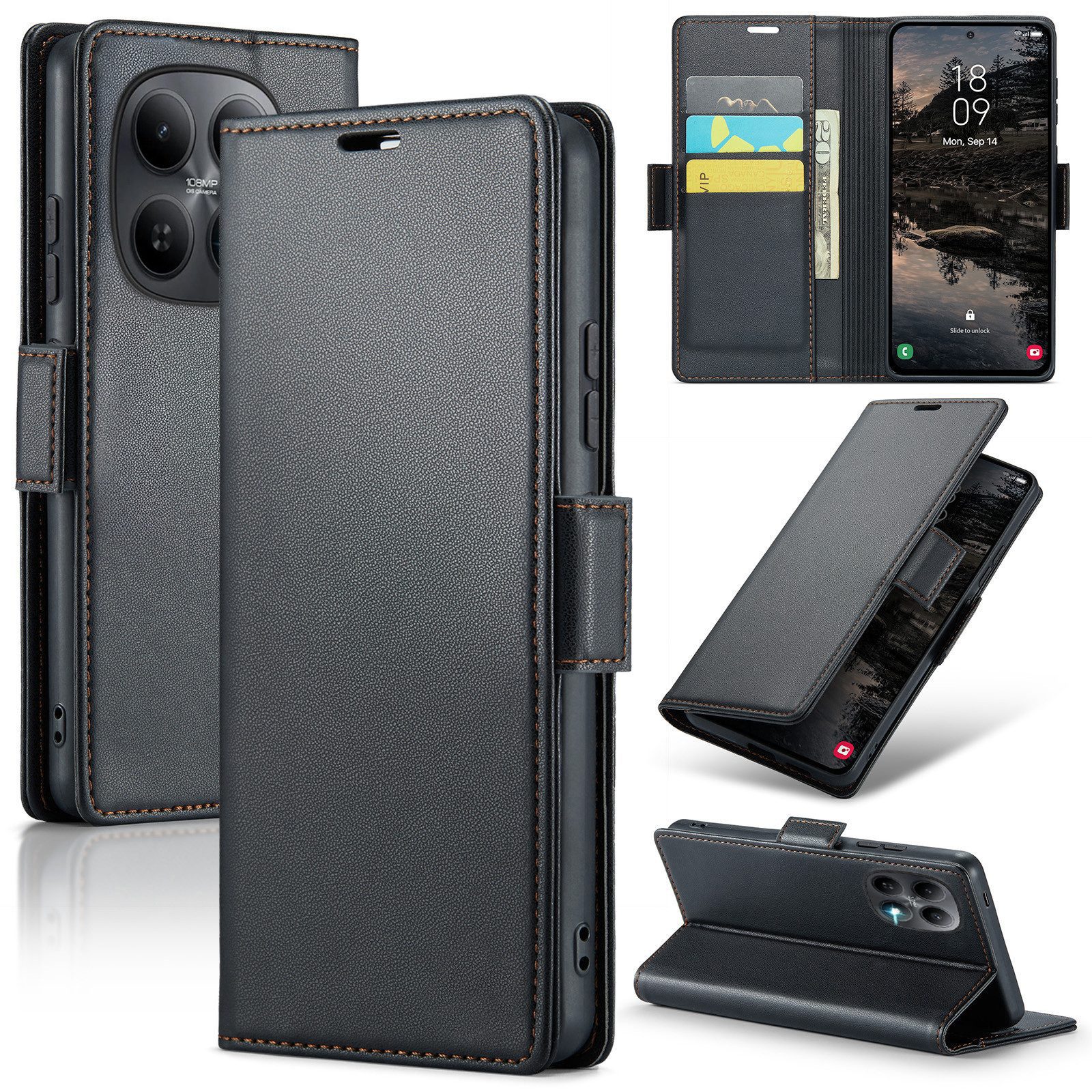 CLM-Tech Handytasche für Xiaomi Redmi Note 15 5G PU Leder Klapphülle (schwarz, 1-tlg., Flip Case inklusive Standfunktion und Kartenfächer), Magnetverschluss, RFID-Blockierung