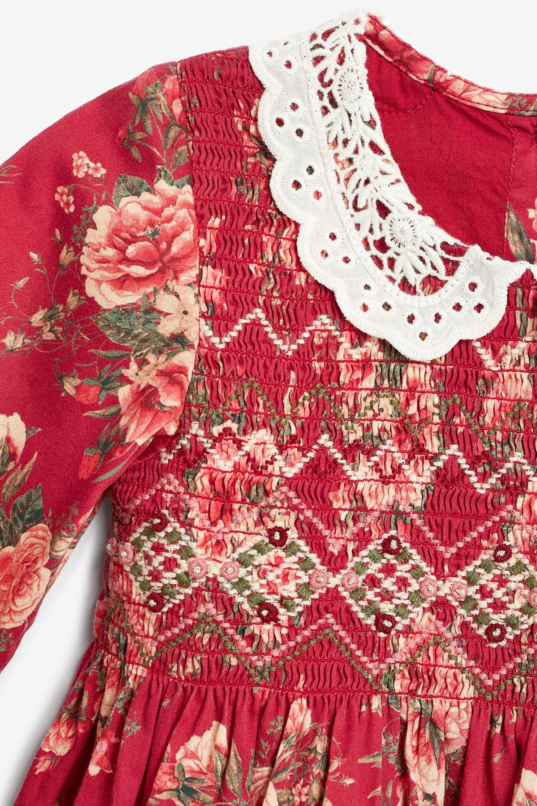 Next Kleid mit gesmoktes Floral (1-tlg) Kragen Bedrucktes, Druckkleid Red