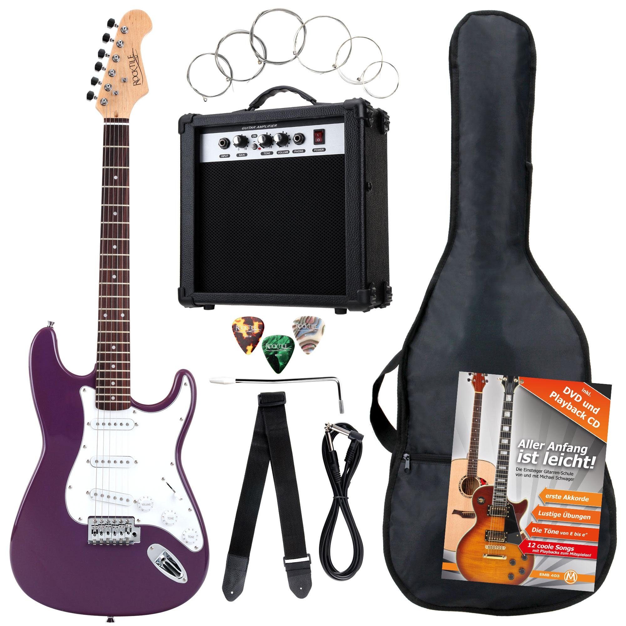 Rocktile E-Gitarre Banger's Pack elektrische Gitarre Komplettset, Banger's Set, inkl. Verstärker, Tasche, Kabel, Gurt, Schule, inkl. Verstärker, Tasche, Kabel, Gurt, Schule