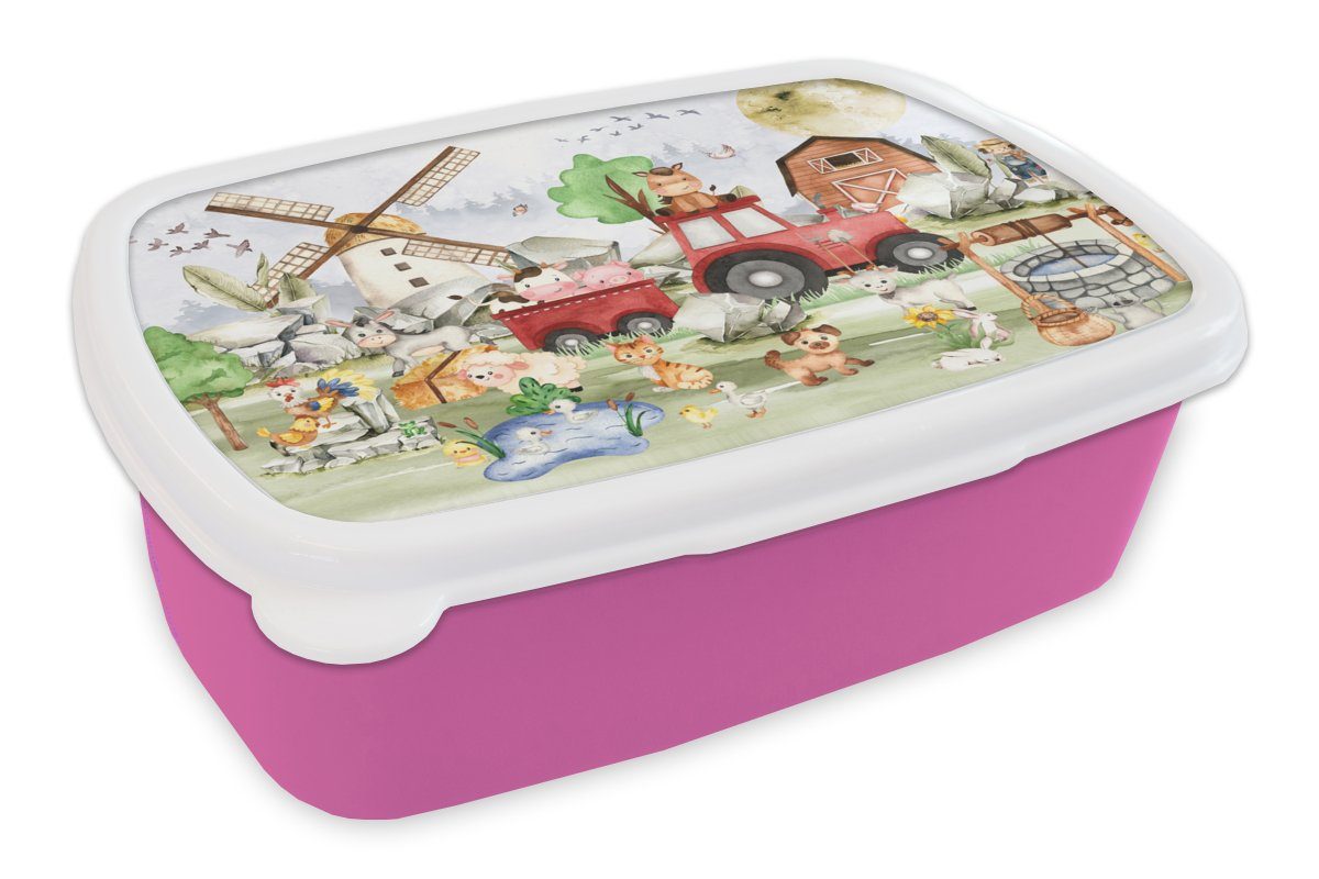 MuchoWow Lunchbox Bauernhof - Traktor - Kinder - Tiere, Kunststoff, (2-tlg), Brotbox für Erwachsene, Brotdose Kinder, Snackbox, Mädchen, Kunststoff rosa