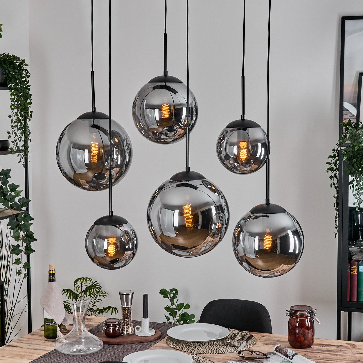 hofstein Hängeleuchte Hängelampe aus Metall/Glas in Schwarz/Rauchfarben, ohne Leuchtmittel, moderne Pendelleucht im Retro/Vintage-Design (20; 25; 30 cm), 6x E27