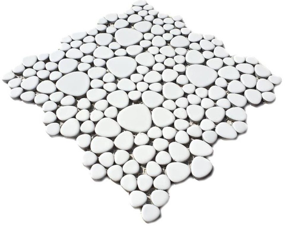 Mosani Mosaikfliesen Kieselmosaik Pebbles Keramikdrops weiß glänzend Fliesenspiegel