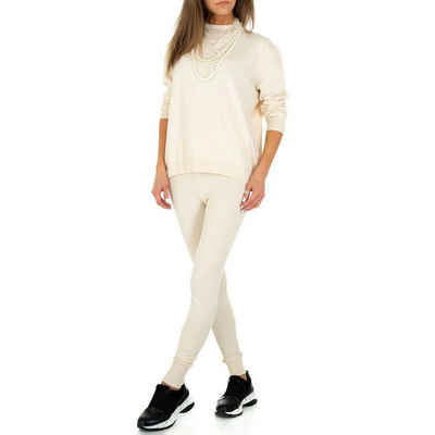 Ital-Design Freizeitanzug Damen Freizeit, Perlen Stretch Jogging- & Freizeitanzug in Beige