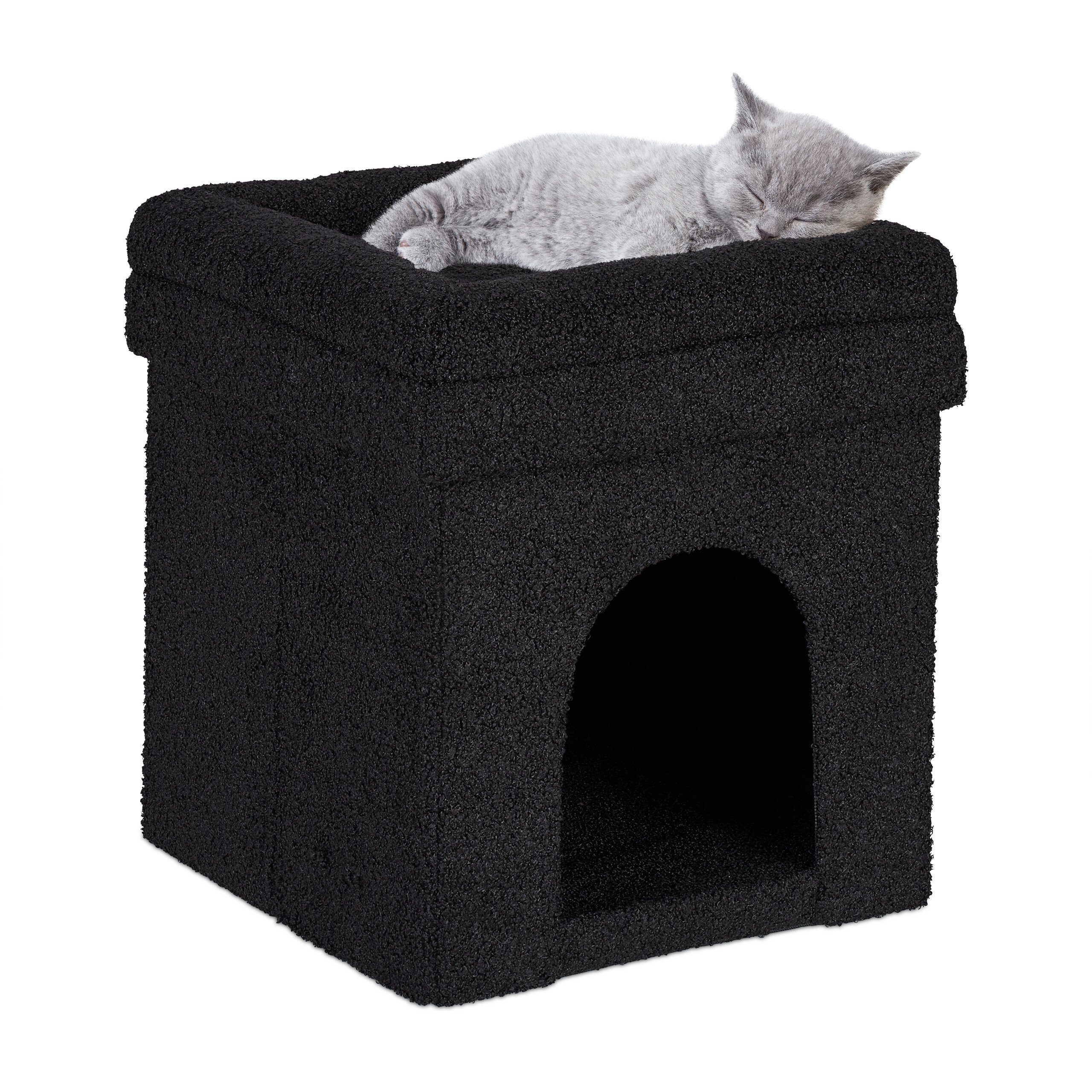 relaxdays Tierhaus Schwarze Katzenhöhle mit Sitzauflage