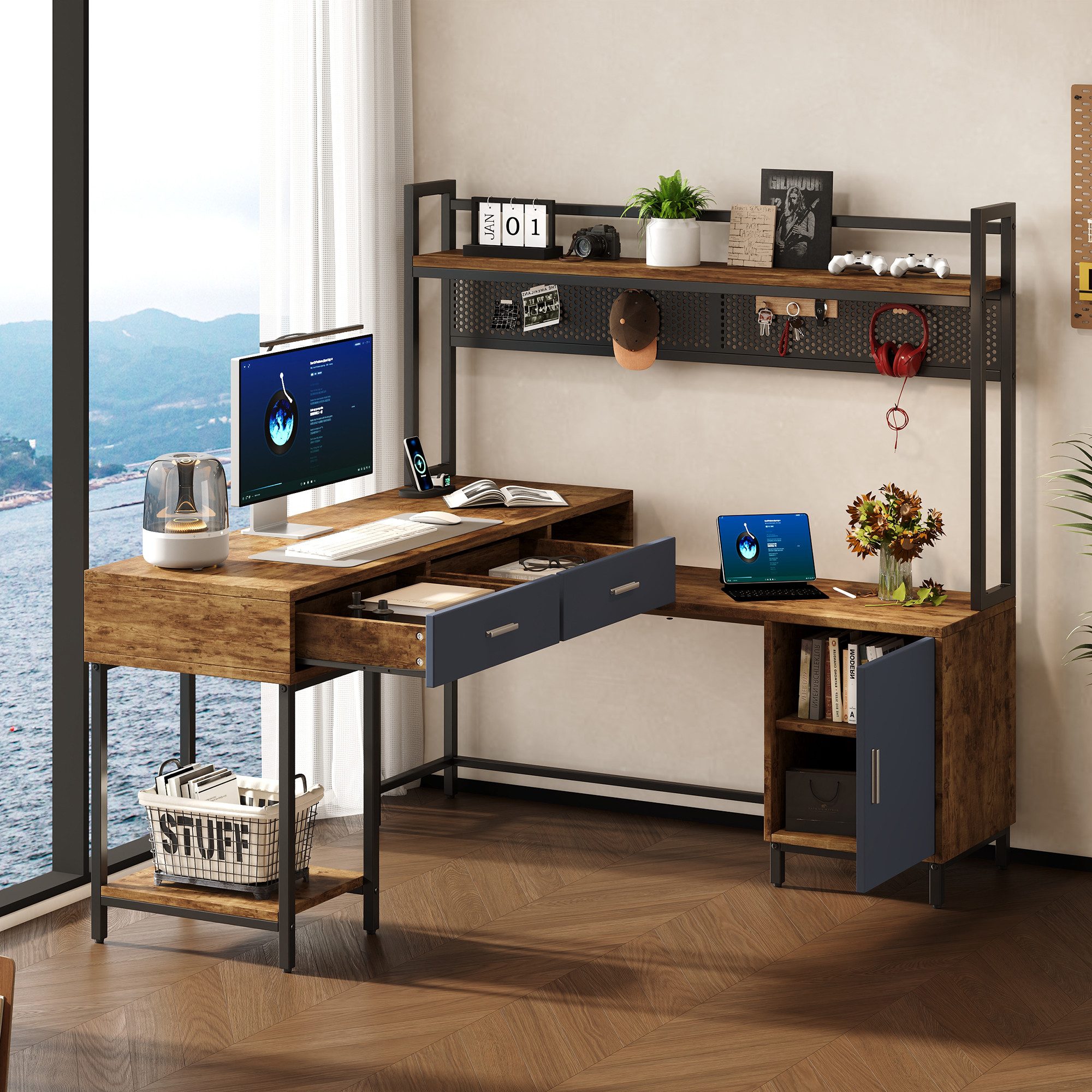 Flieks Schreibtisch L-förmiger Gamingtisch im Industriestil, Stahl- und Holzkonstruktion (rostfreies Metallgestell), Regal-Schreibtisch mit Lochwand und Schubladen Eck-Computertisch