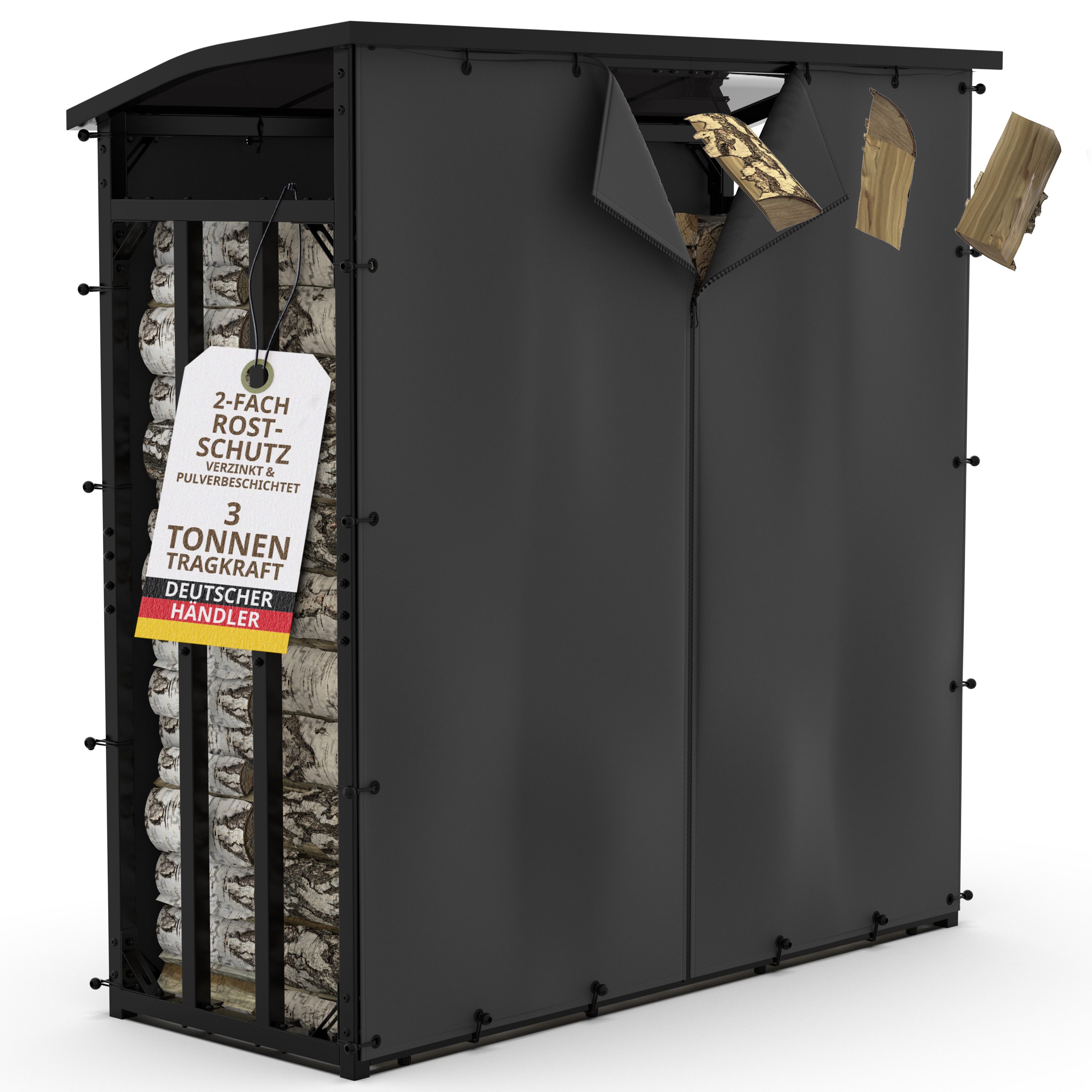 LAWA Living and Lifestyle Kaminholzregal Metall aussen Dach Holz Unterstand Abdeckplane Stapelhilfe Brennholz, BxTxH:185.00x70.00x185.00 cm, verzinkt, wetterfest