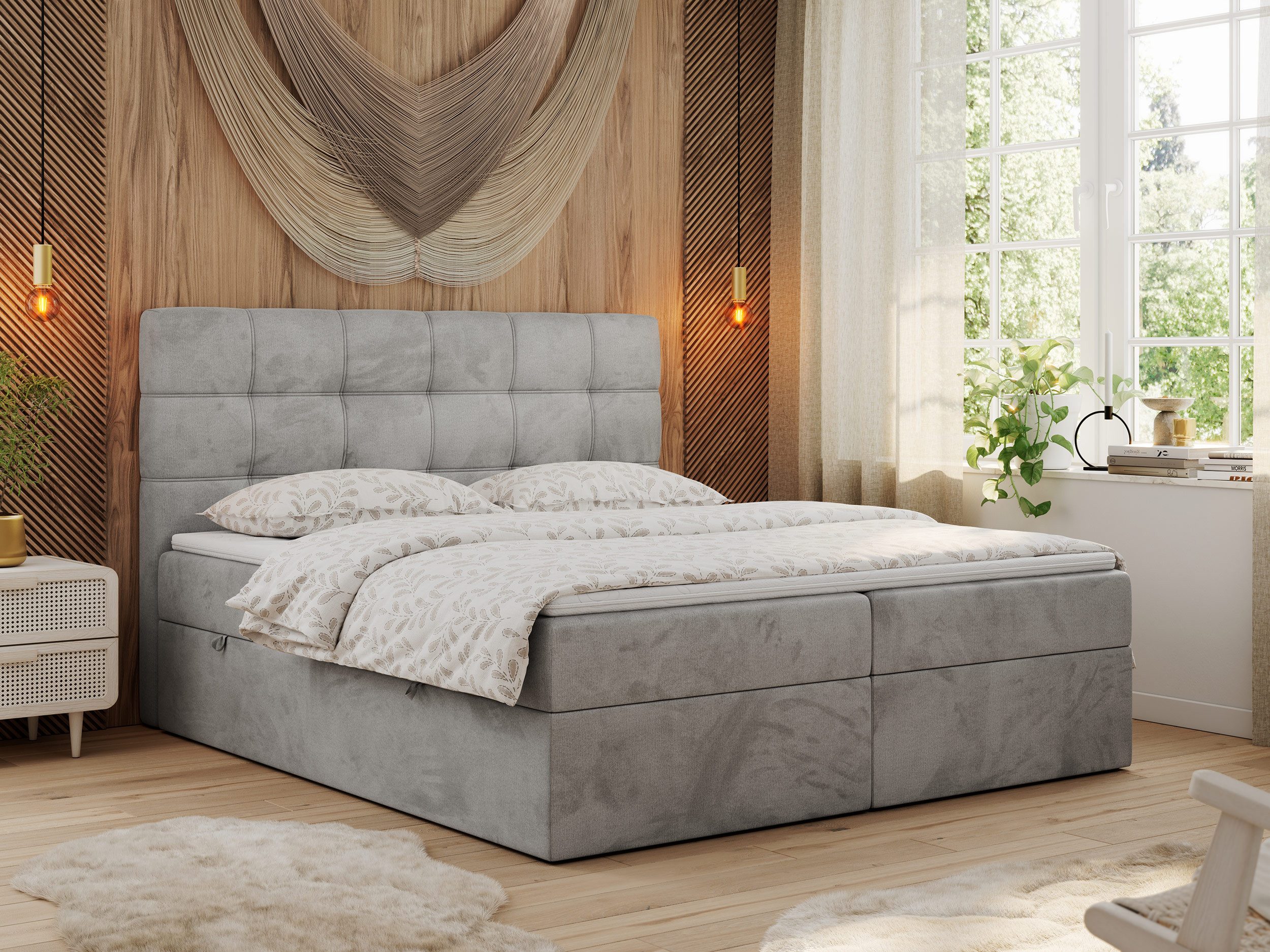 MKS MÖBEL Boxspringbett ERNI (Set, Packung, T30-Schaum, H3-Matratze, 7 Härtezonen, gesteppte Kopfstütze), mit Bettkästen, Doppelbett, Multipocket-Matratzen, Topper T25/Visco