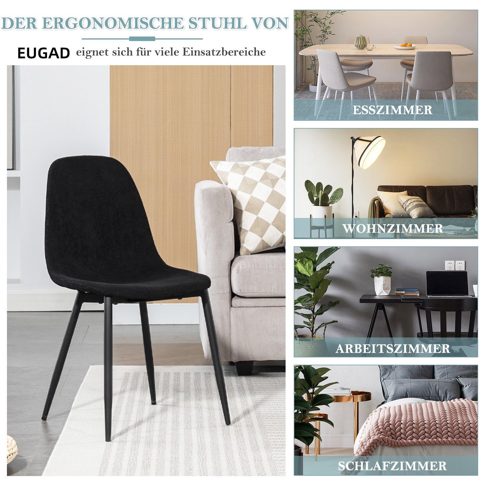 EUGAD Küchenstuhl (4 aus Skandinavisch modern, St), Metallbeine, Schwarz Cord Esszimmerstühle