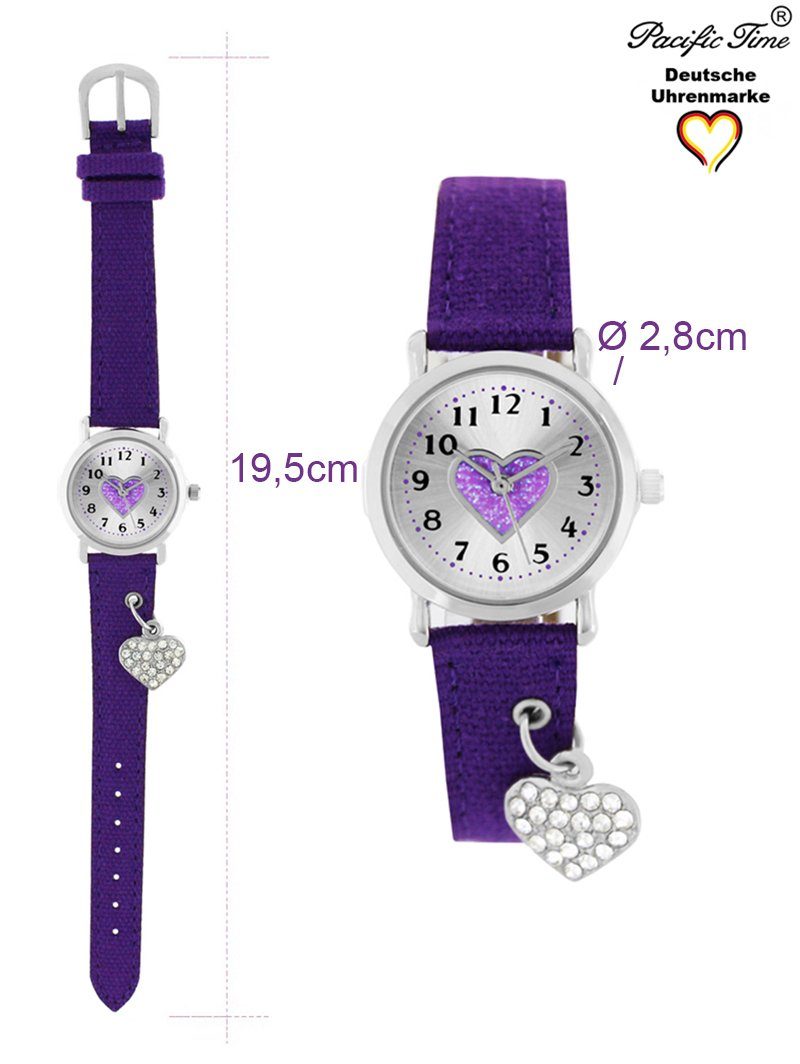 Pacific Time Quarzuhr Kinder Armbanduhr mit Herzanhänger Stoffarmband, funkelndes Herzchen am Armband - Gratis Versand – Bild 3 von 5