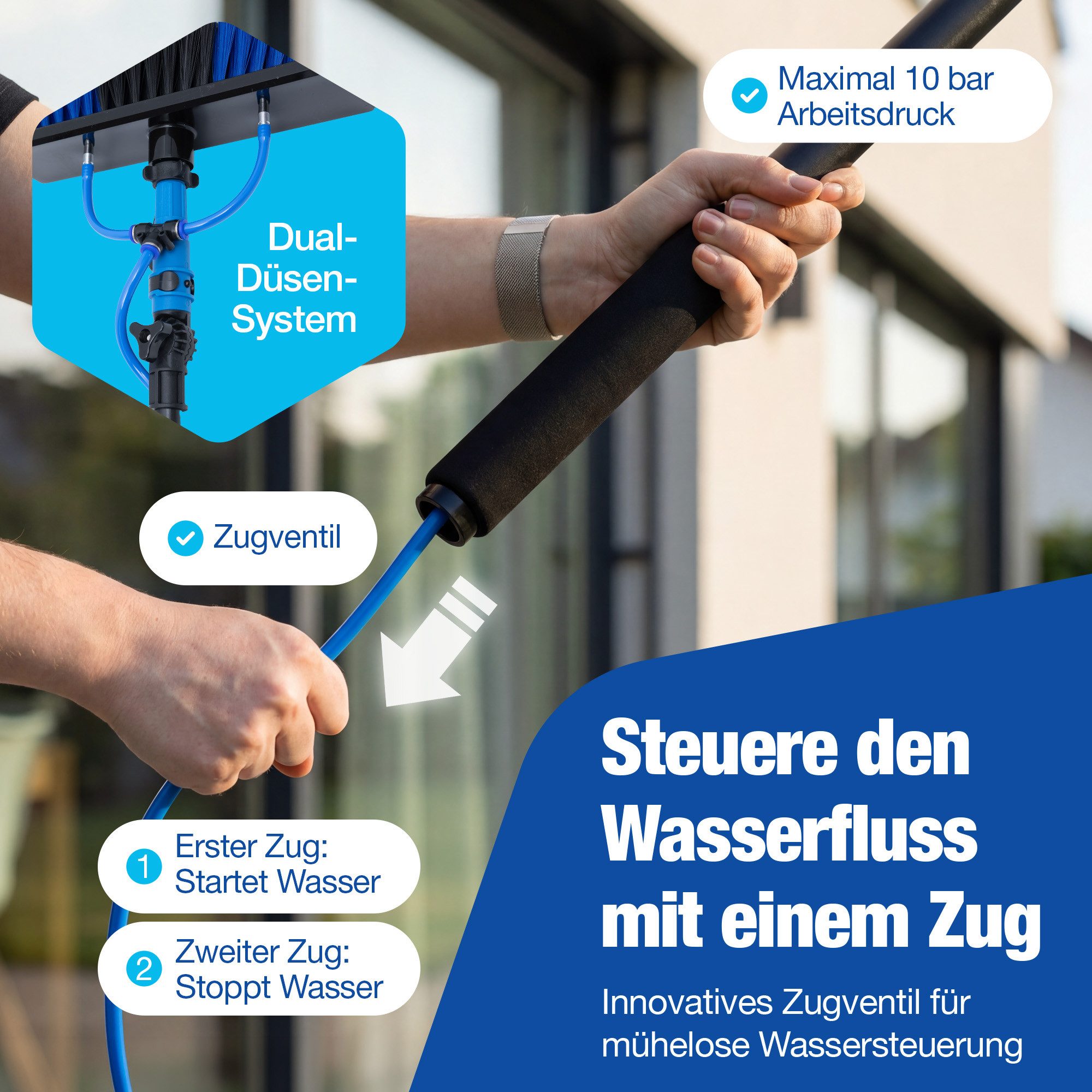 NTG Nutzfahrzeug Technik GmbH Reinigungsbürste Teleskopwaschbürste Innovation mit Zugventil bis zu 7m, Auto, Solar, PV, Camper, (3-in-1 Bürstenkopf), Für Fenster, Solar und Fahrzeuge