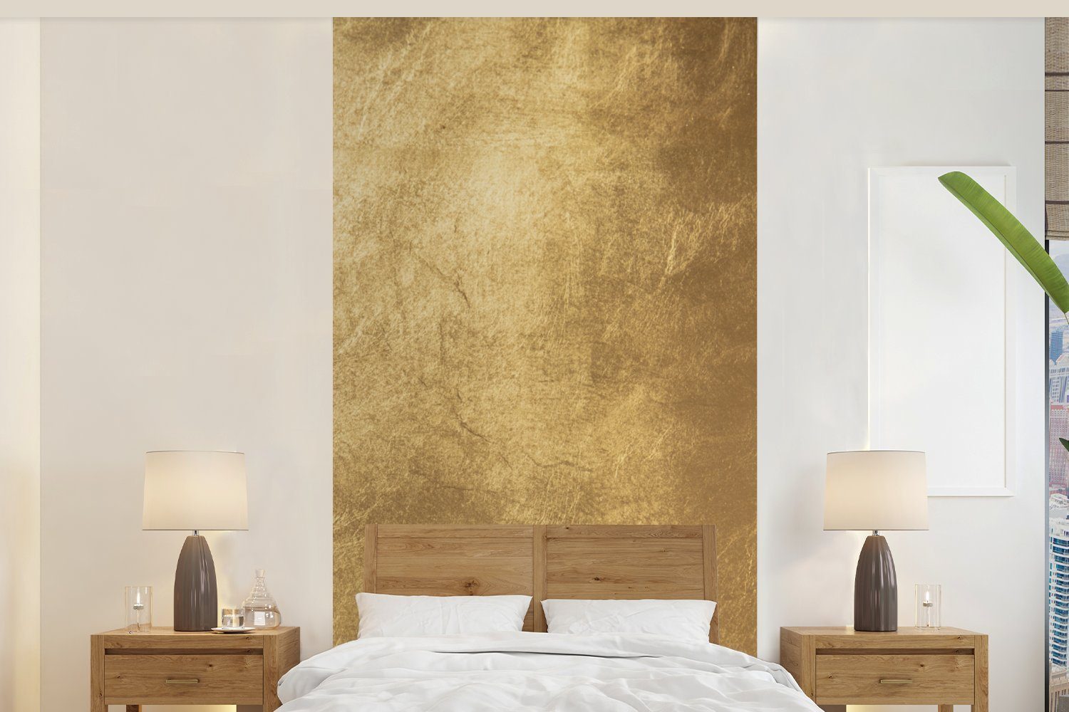 MuchoWow Fototapete Licht fällt auf eine goldene Wand, Matt, bedruckt, (2 St), Vliestapete für Wohnzimmer Schlafzimmer Küche, Fototapete