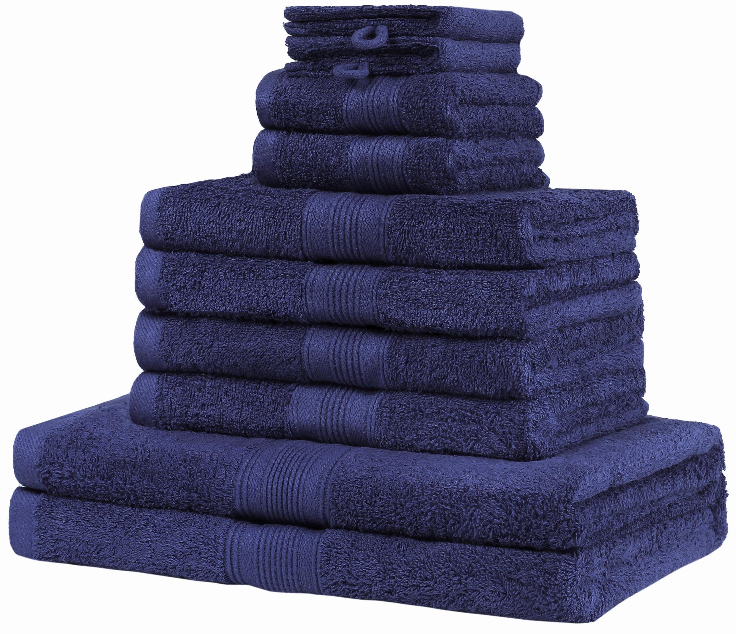 Set Handtücher, 500gsm, 10tlg. 4X 2X 2X Duschtücher, Navy (10-tlg), Baumwolle, NatureMark 2X Handtuch Handtuch-Set Waschhandschuhe Gästetücher, blau 100%