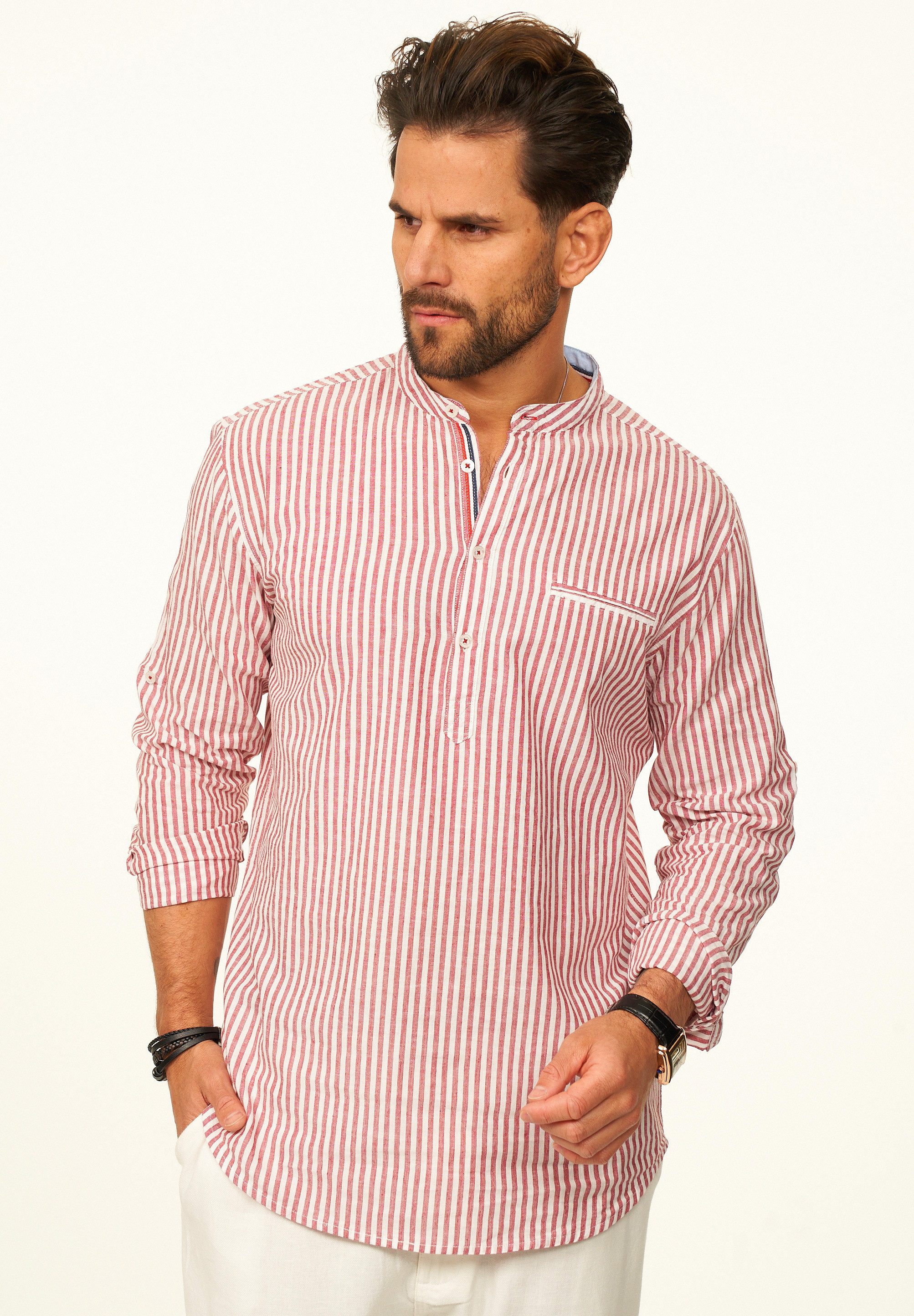 behype Langarmhemd Gestreift im Regular-Fit mit Henley-Stehkragen Herren Sommerhemd als Freizeithemd