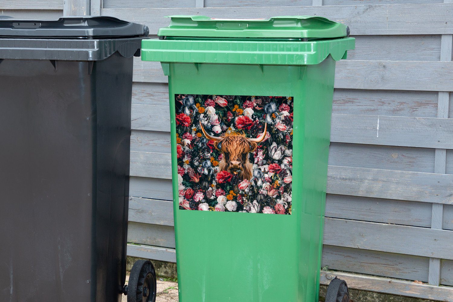 MuchoWow Wandsticker Kuh - Blumen Braun Mülltonne, St), Sticker, Container, - Mülleimer-aufkleber, Abfalbehälter (1