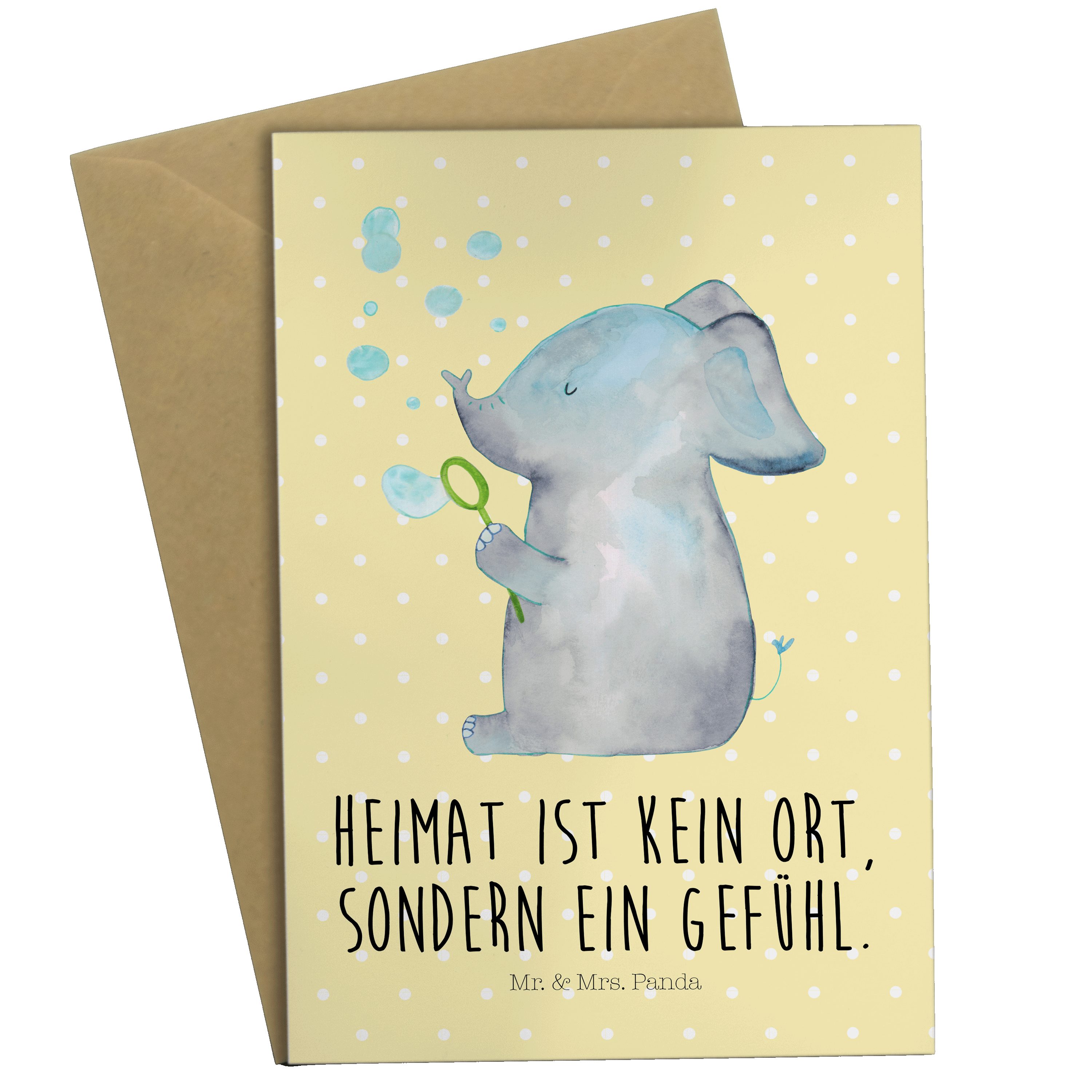 Mr. & Mrs. Panda Grußkarte Elefant Seifenblasen - Gelb Pastell - Geschenk, Gefühl. Daheim, Klapp