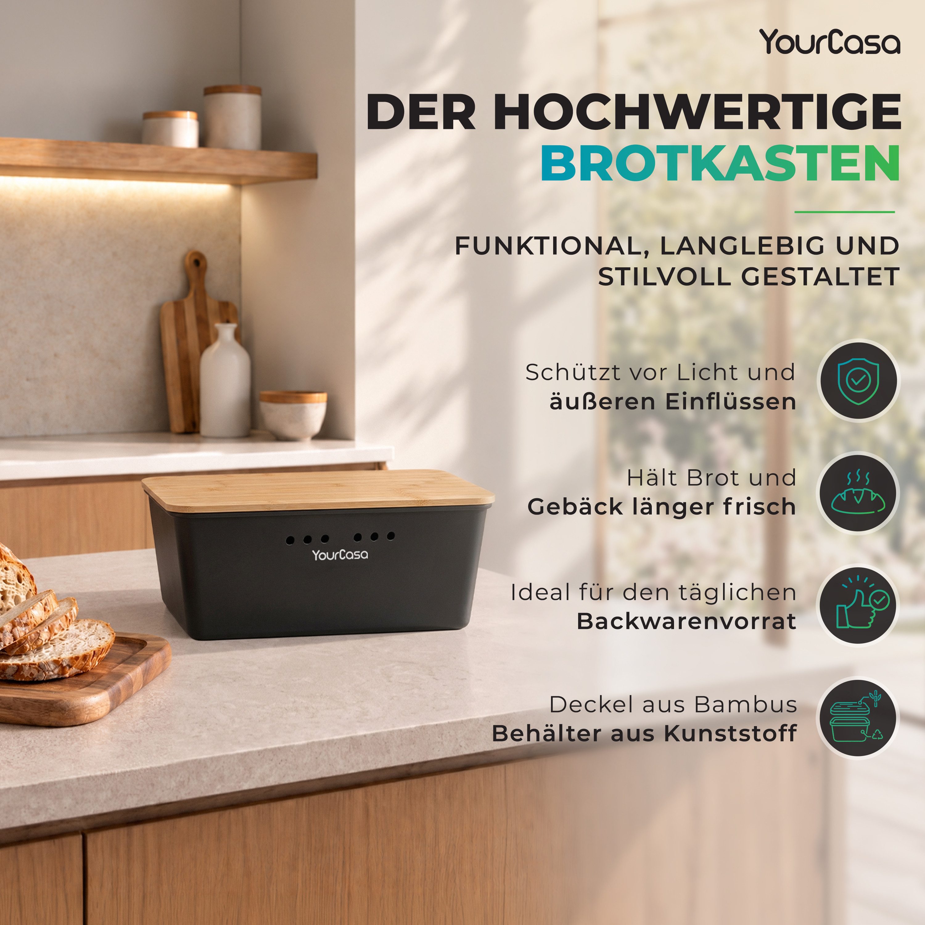 YourCasa Brotkasten YourCasa Ecobox Brotkasten mit Bambusdeckel als Schneidebrett Brotbox, Bambus Deckel – Bild 2 von 5