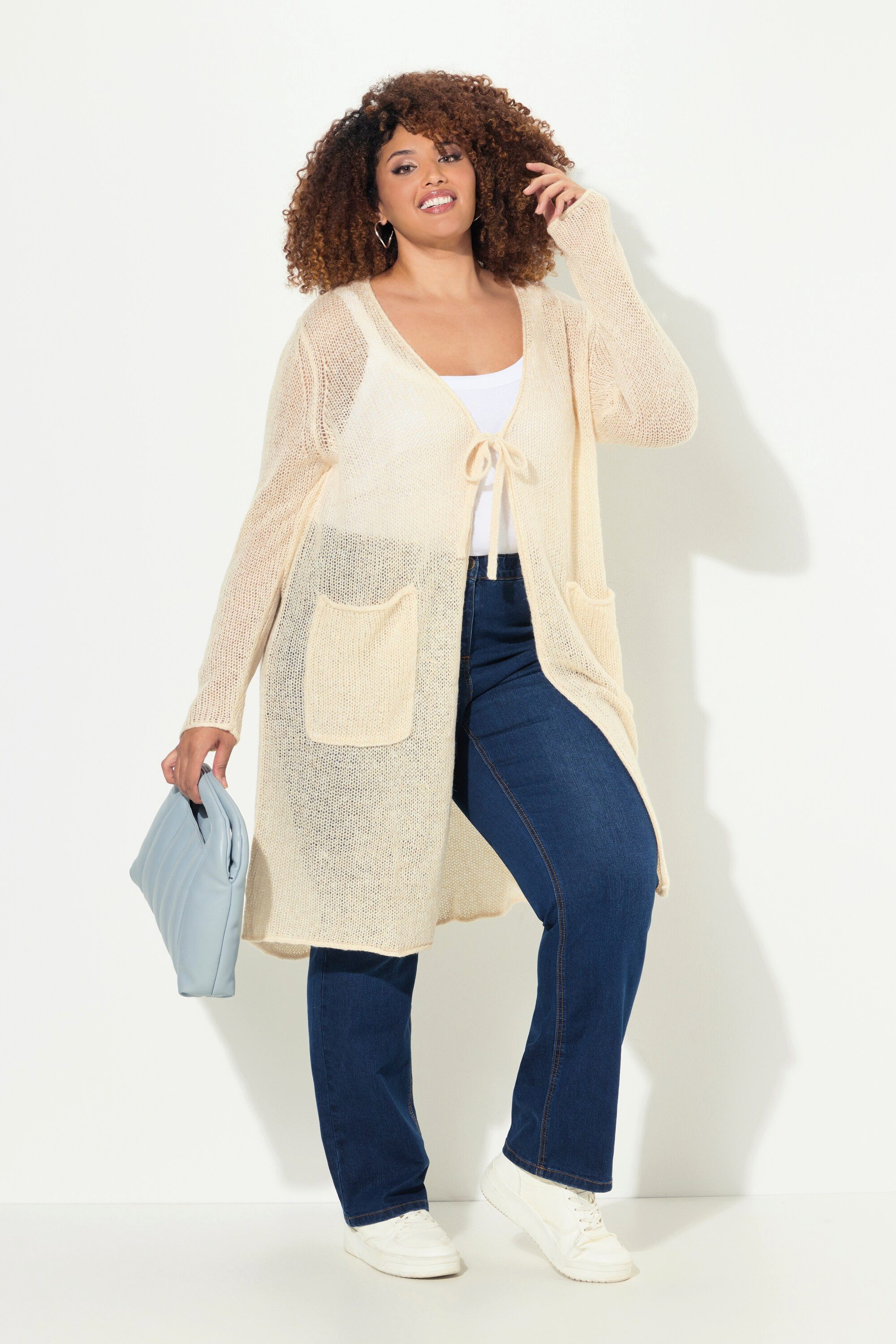 Ulla Popken Strickjacke Long-Strickjacke Bindeband V-Ausschnitt Rollkanten
