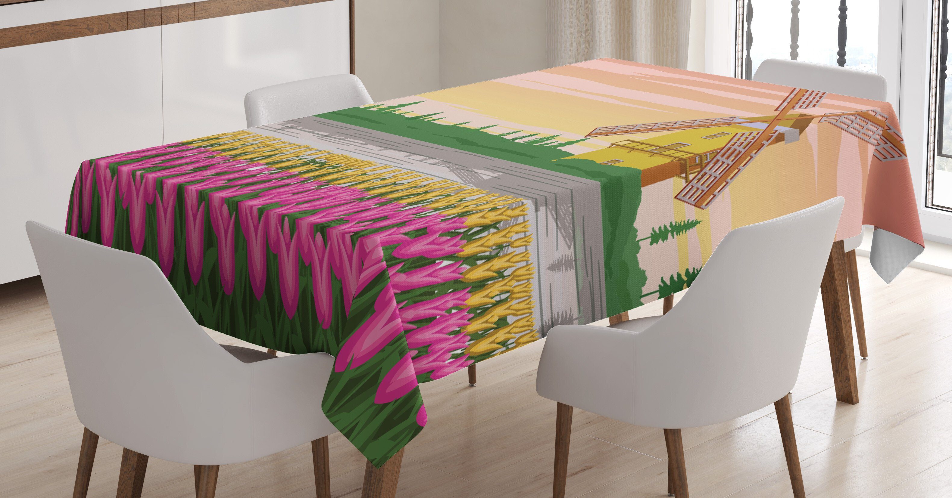 Abakuhaus Tischdecke Farbfest Waschbar Für den Außen Bereich geeignet Klare Farben, Amsterdam Zweifarbige Tulpen Windmühlen