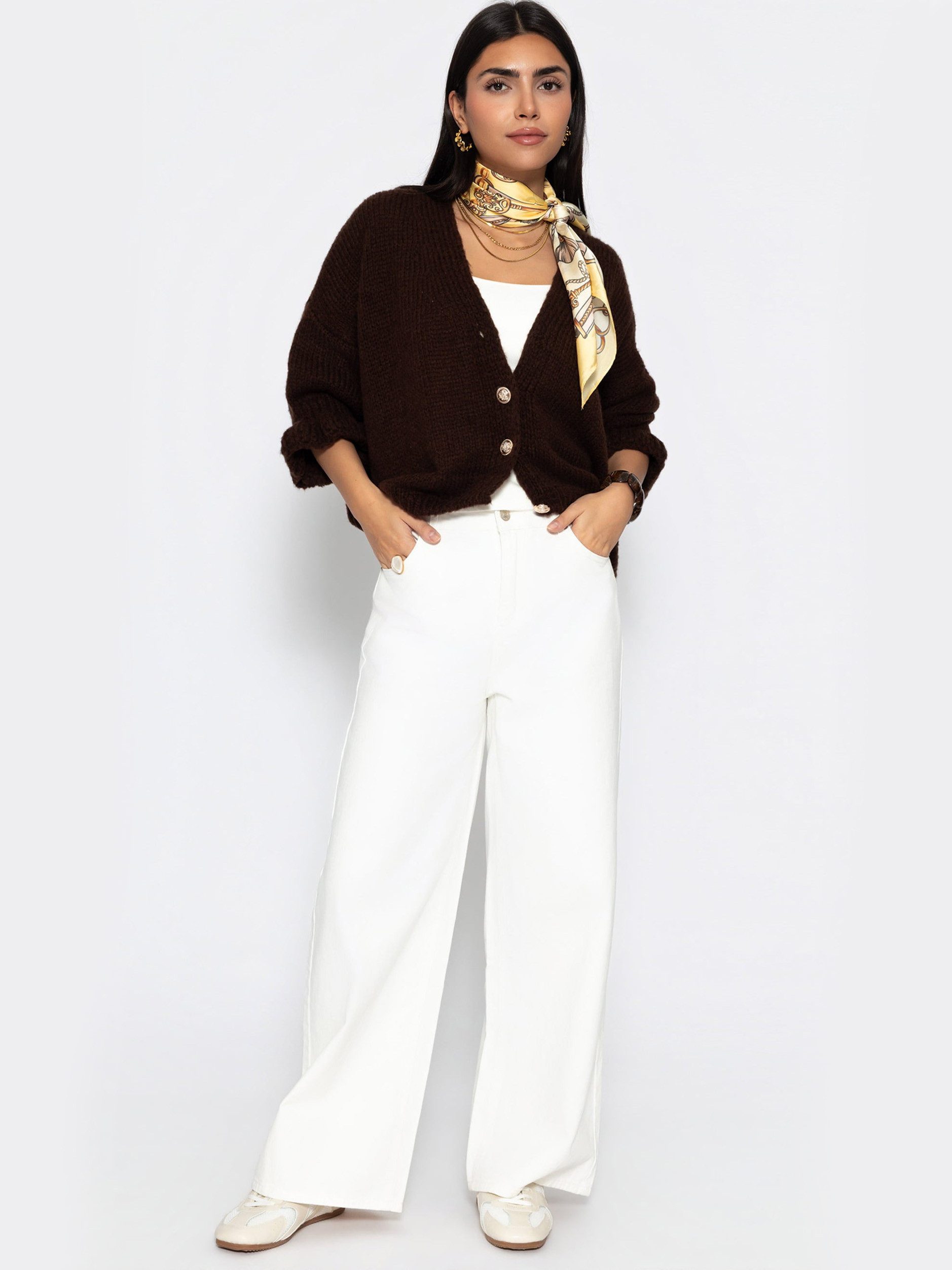 SASSYCLASSY Cardigan Cardigan mit 3/4-Ärmeln für Damen Cozy Cardigan mit Ballonärmeln und Knopfleiste und Volants