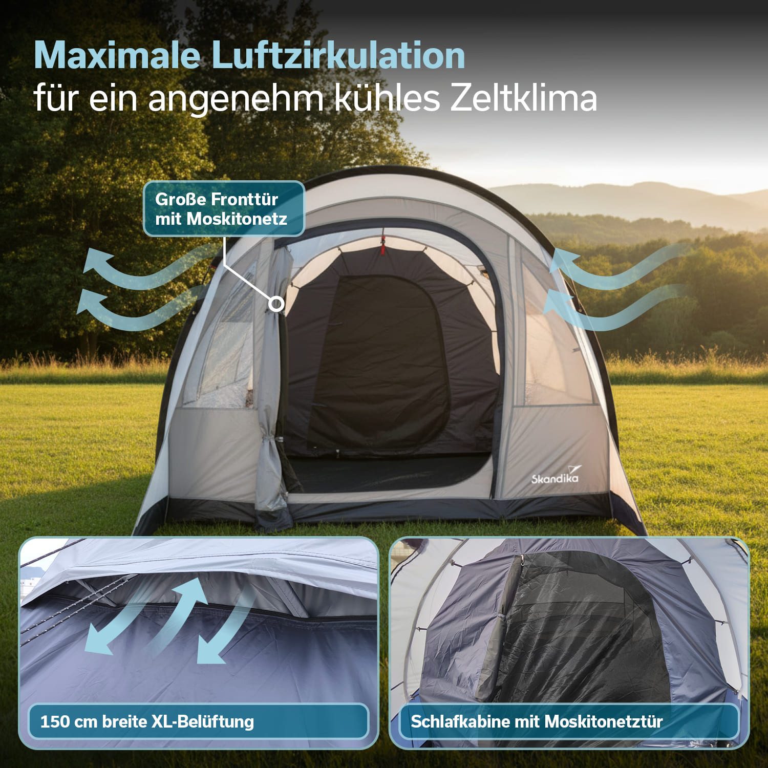 Skandika Tunnelzelt Campingzelt Isken 3 Protect, 3 Personen, eingenähter Boden, Personen: 3 (3000 mm Wassersäule, Canopy, Organizer-Taschen in der Kabine, UPF 50), Moskitonetz an der Eingangstür, an den Fenster und der Kabinentür