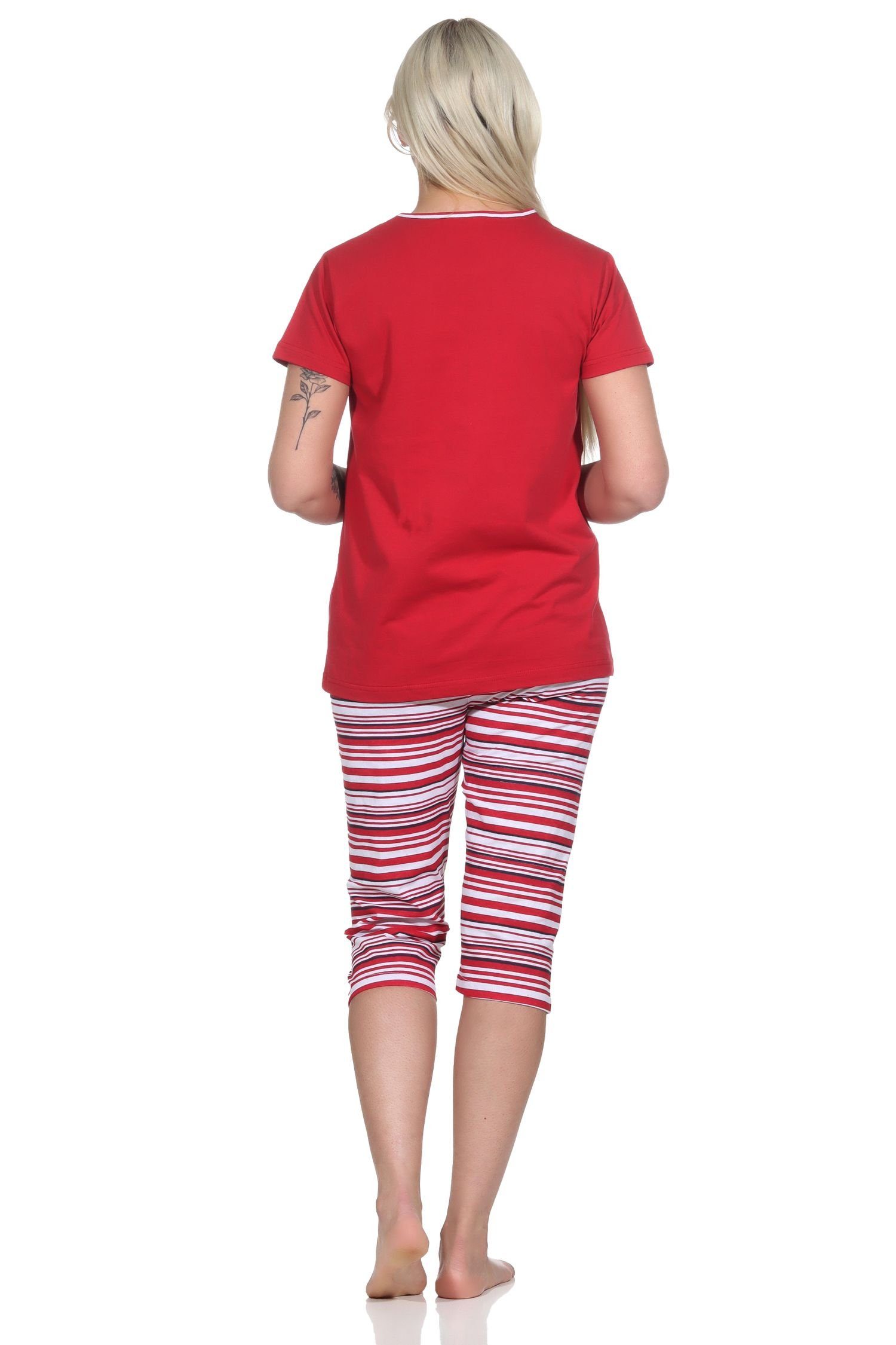 Normann Capri Anker-Motiv Damen Schlafanzug Ringeln Pyjama kurzarm und Pyjama mit rot