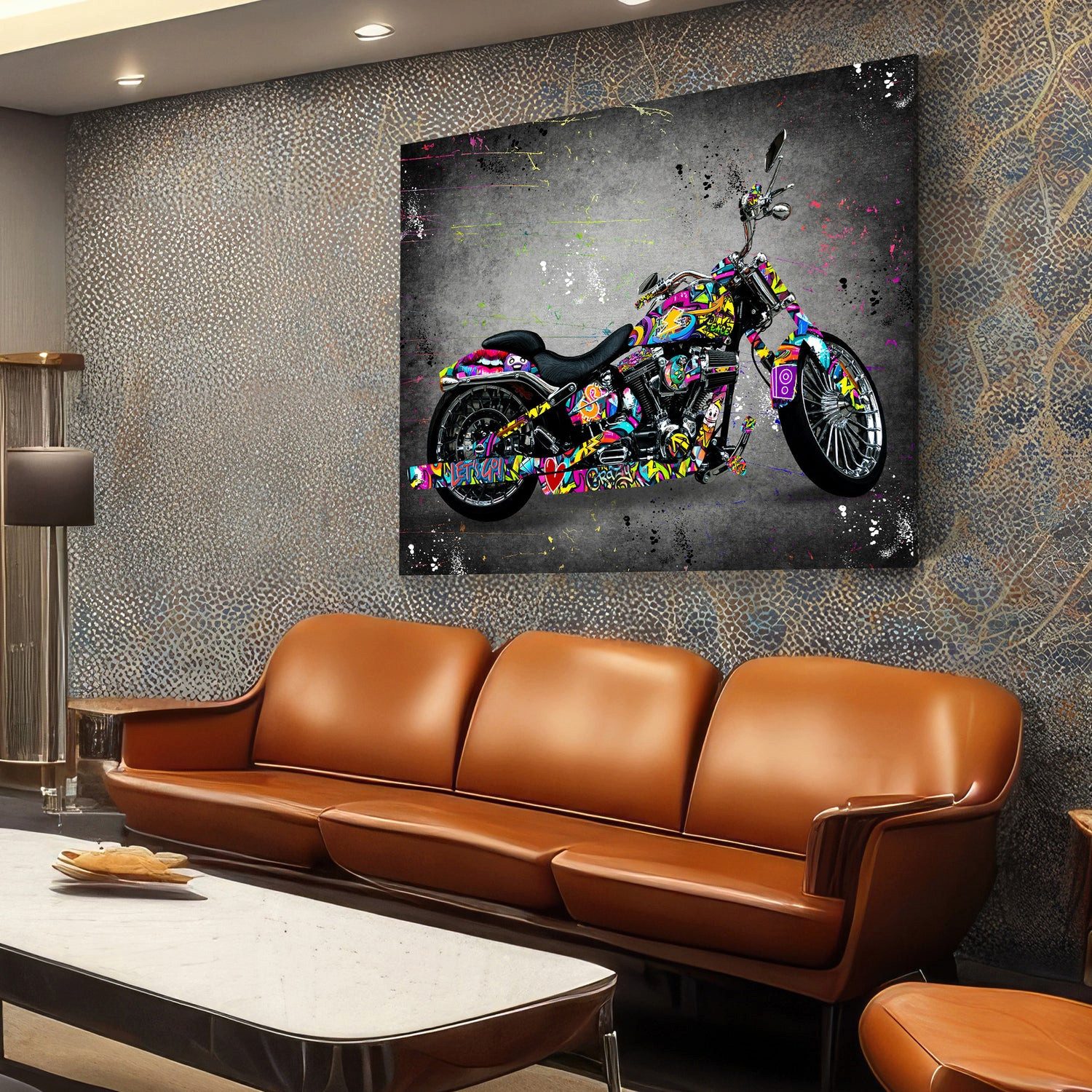 Artedinoi Leinwandbild Motorrad Chopper Street Art Wandbild Leinwandbild XXL Deko, Motorrad im Graffiti-Look