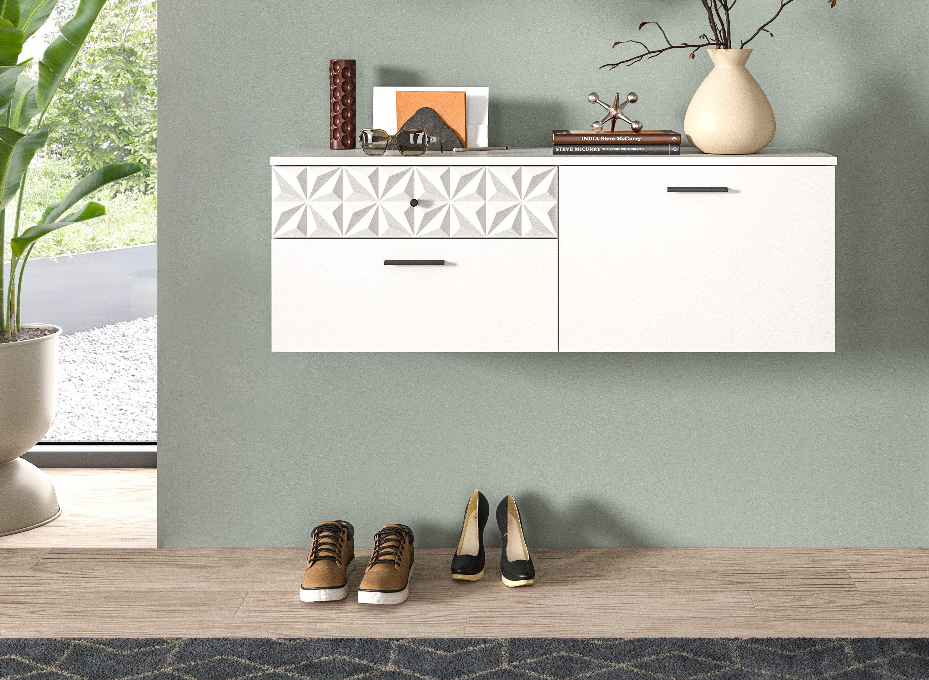Home affaire Schuhschrank VICENZA, hängend, 2 Schubkästen, 1 Klappe, 2 Fächer, Ornamentabsetzung Hängeschrank, Flurschrank, Dielenschrank, Anrichte, Kommode