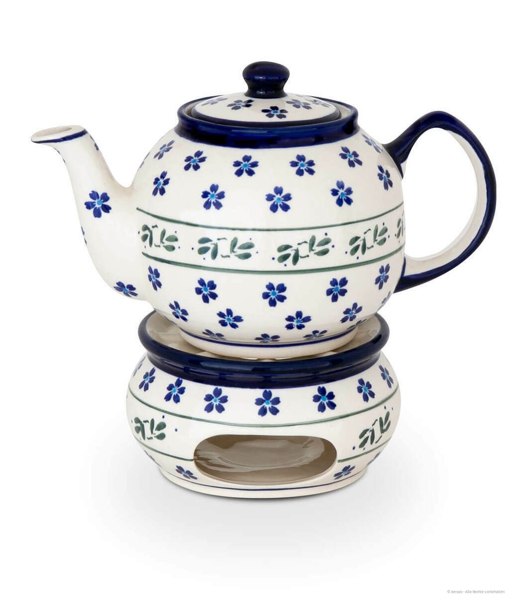 Bunzlauer Keramik Teekanne 1L Teekanne mit Stövchen – Zeitlos, kompakt-bauchige Form, Dekor 163a, 1,00 l