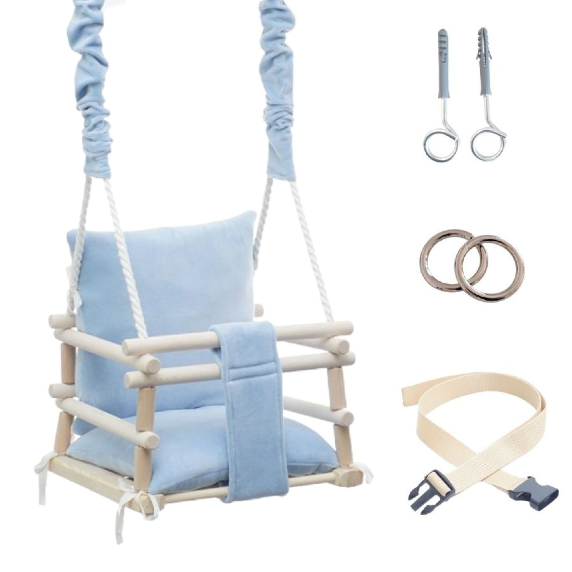 LuMali Babyschaukel Babyschaukel 3in1 Holz Sicherheitsgurt drinnen draußen 34x34x28cm, Kinderschaukel Naturholz Kiefer weich verstellbar 6-36 Monate