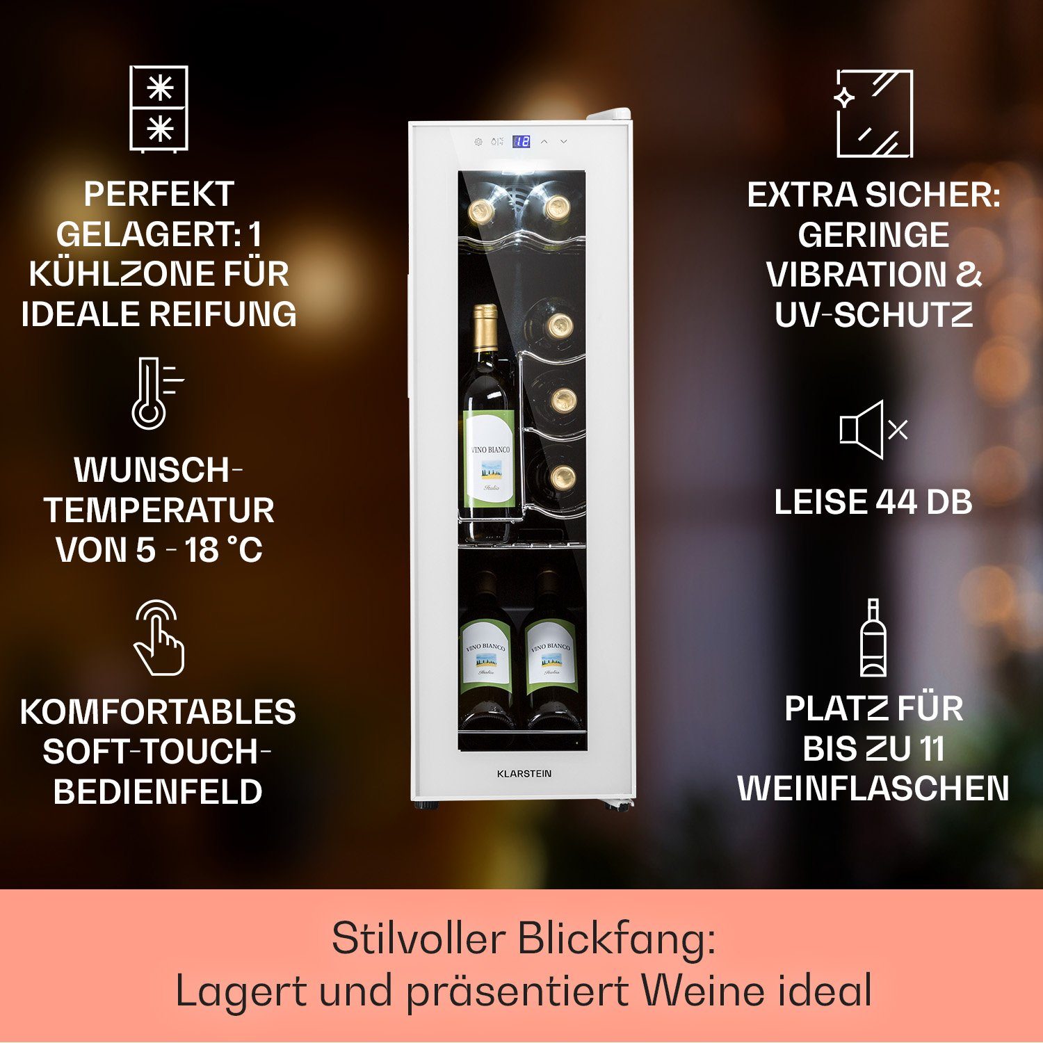 Klarstein Weinkühlschrank Shiraz 12 Slim Uno, für 12 Standardflaschen á 0,75l,Wein Flaschenkühlschrank Weintemperierschrank Weinschrank Kühlschrank