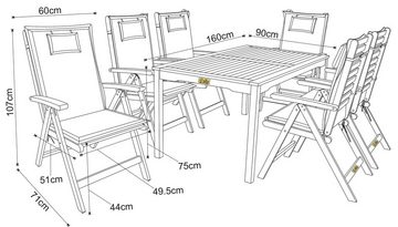 KONIFERA Garten-Essgruppe Brasilia, (Set, 13-tlg., 6x Stuhl, 1x Tisch 160x90x74 cm, inkl. Auflagen, Stühle sind klappbar), zertifiziertes Eukalyptus, Rückenlehne ist 5-fach verstellbar