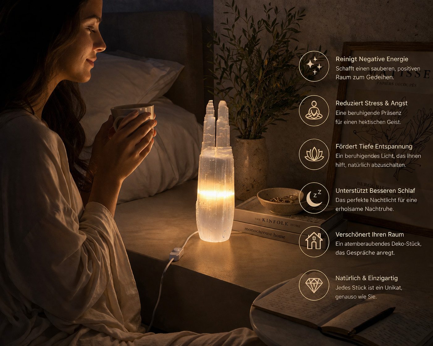 Heimtex Salzkristall-Tischlampe Selenit-Turm Lampenset: Zwillings-Türme für Heim & Heilung