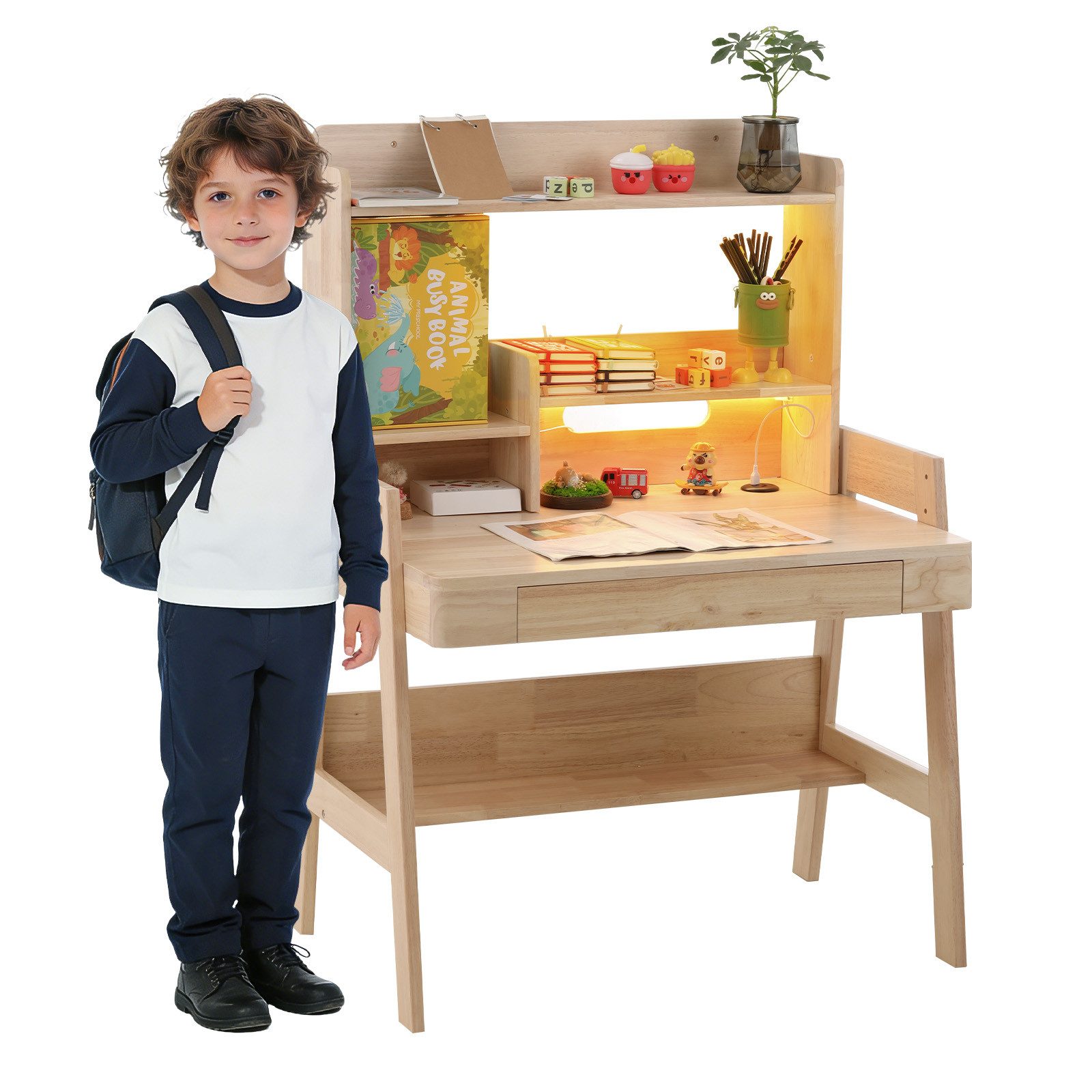 Flieks Kinderschreibtisch Höhenverstellbar, mit LED-Lichtleiste, USB-Anschluss & Schublade (B84/T60/H117-127 cm, 1-St., 1 Tisch), Multifunktionaler Schreibtisch aus Massivholz Naturfarben, ab 6 Jahren