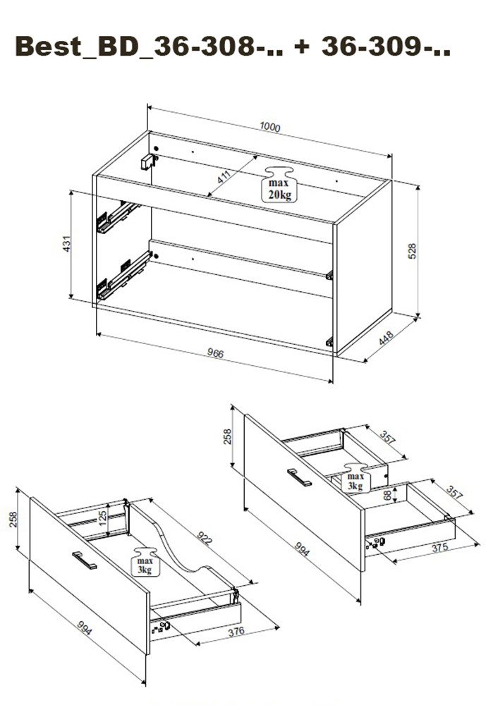 BASIC by Balculina Waschtisch Best (Set, 2-St), Breite 101 cm,mit Waschbecken, Softlclose