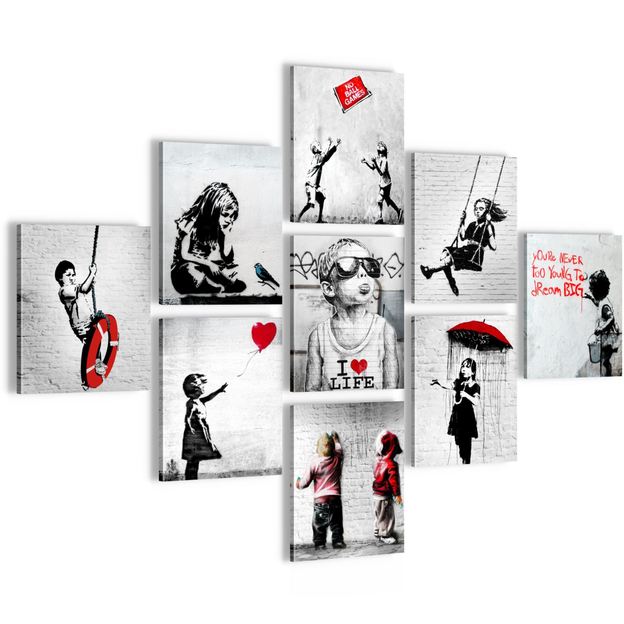 Novart Wandbild Wandbilder Banksy Collage Street Art Wohnzimmer Loft, Kinder (9 St)