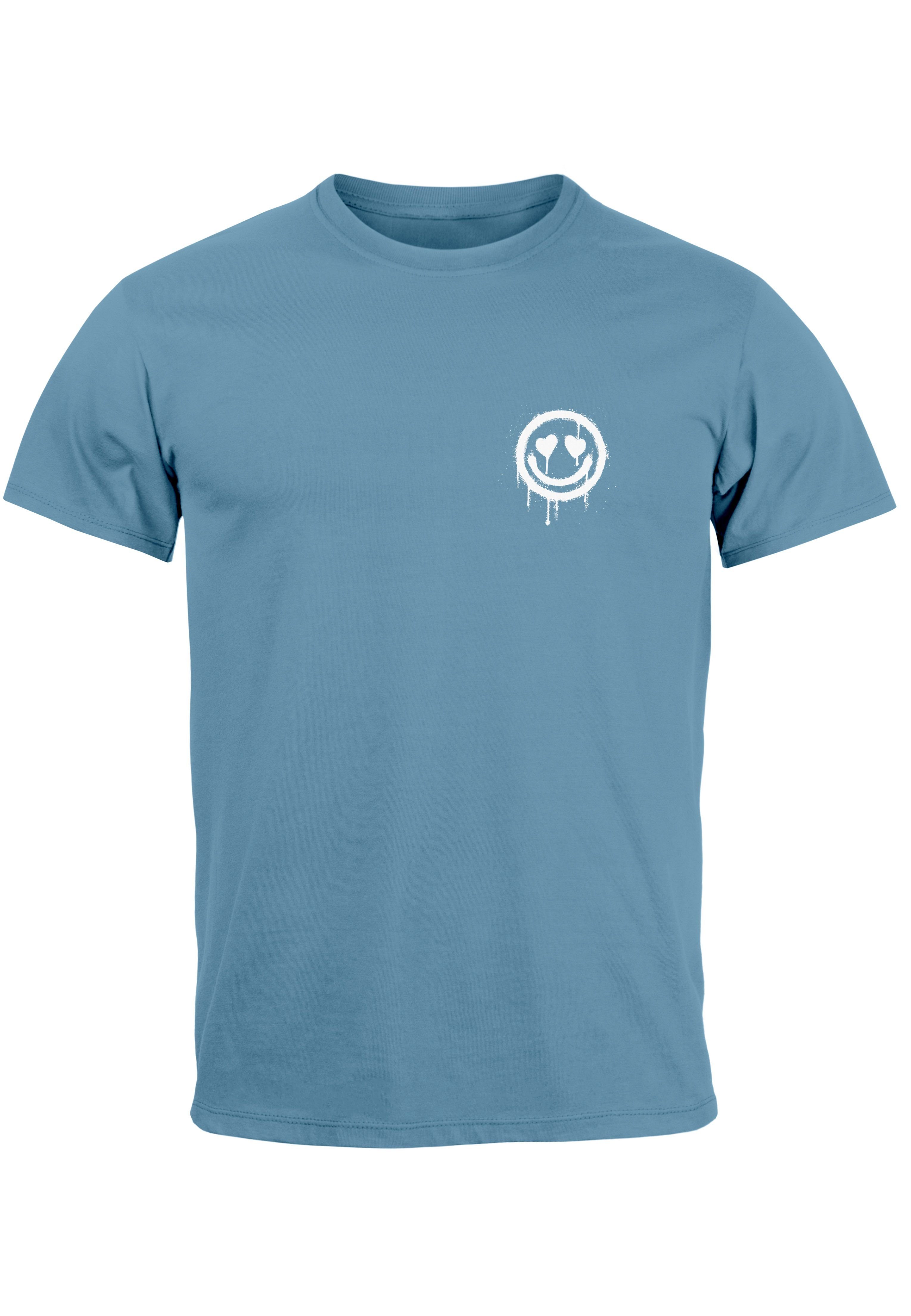 Neverless Print-Shirt Herren T-Shirt Print Aufdruck Motiv Drip Face Drippy Smile Herz-Augen mit Print stone blue