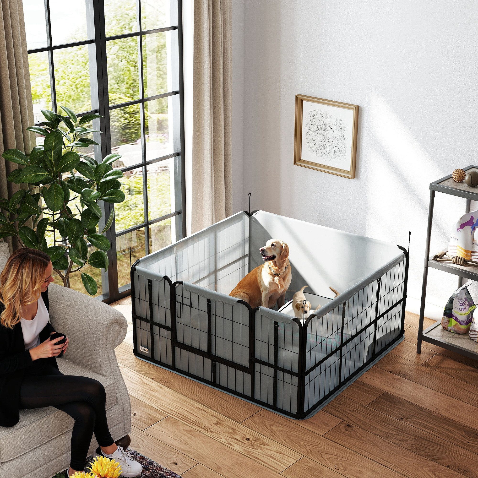 PawHut Laufgitter Wurfbox Welpenlaufstall mit waschbarer Wurfunterlage, Tür (Wurfkiste für Welpen, 1-tlg), für mittelgroße große Hunde, 122 x 122 x 60 cm Schwarz