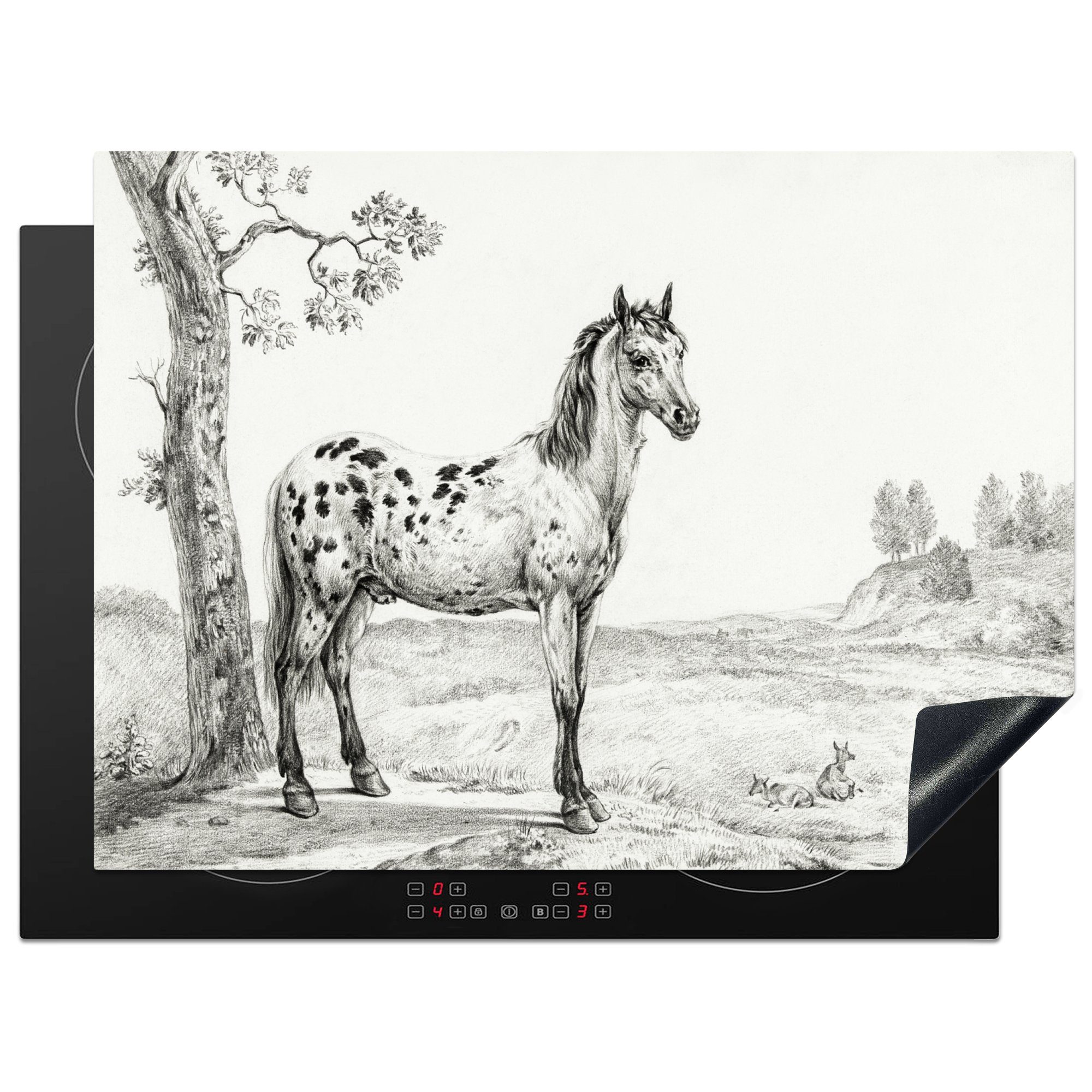 MuchoWow Herdblende-/Abdeckplatte Stehendes geflecktes Pferd, nach rechts - Gemälde von Jean Bernard, Vinyl, (1 tlg), 70x52 cm, Mobile Arbeitsfläche nutzbar, Ceranfeldabdeckung