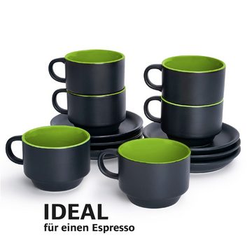 MiaMio Espressotasse 6 x 75 ml Espresso Tassen Außen Schwarz Innen Farbig (Grün)