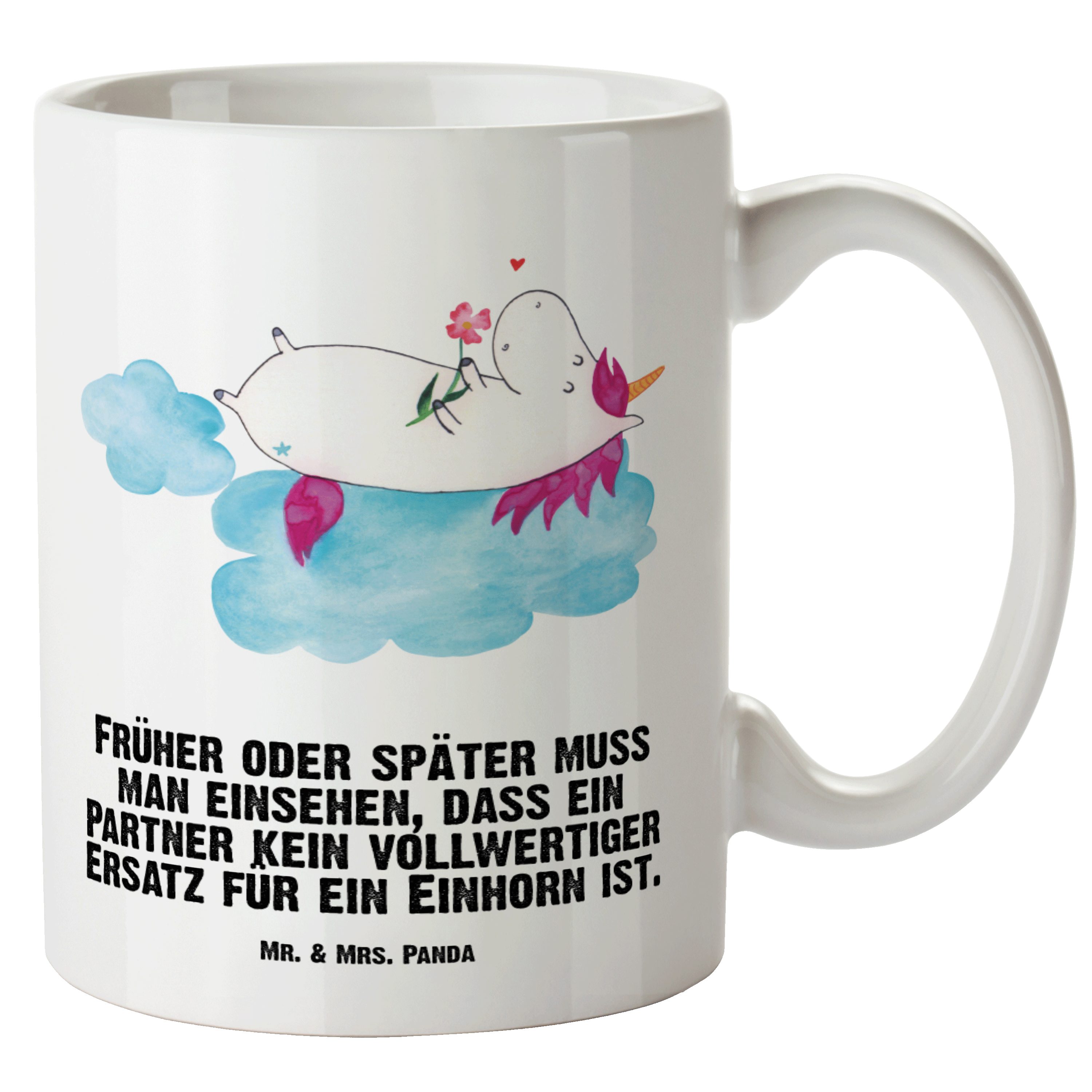 Mr. & Mrs. Panda Tasse Einhorn verliebt auf Wolke - Weiß - Geschenk, Einhörner, spülmaschine, XL Tasse Keramik