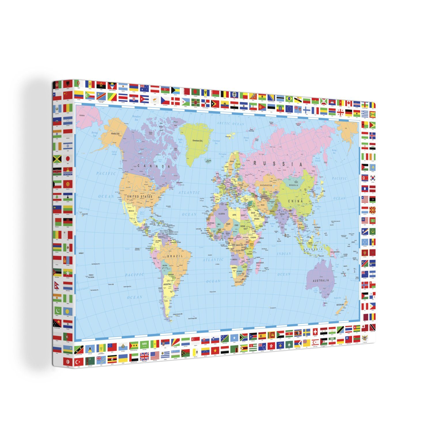 OneMillionCanvasses® Leinwandbild Weltkarte - Flagge - Atlas, (1 St), Wandbild Leinwandbilder, Aufhängefertig, Wanddeko, 30x20 cm
