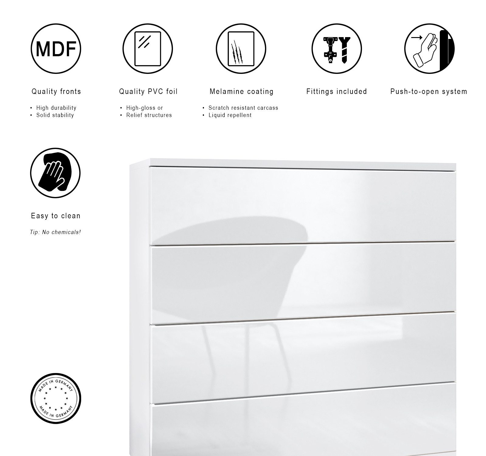 Vladon Kommode Pavos V3 (Sideboard, mit 4 Schubladen), Weiß matt/Weiß matt (76 x 76 x 35 cm)