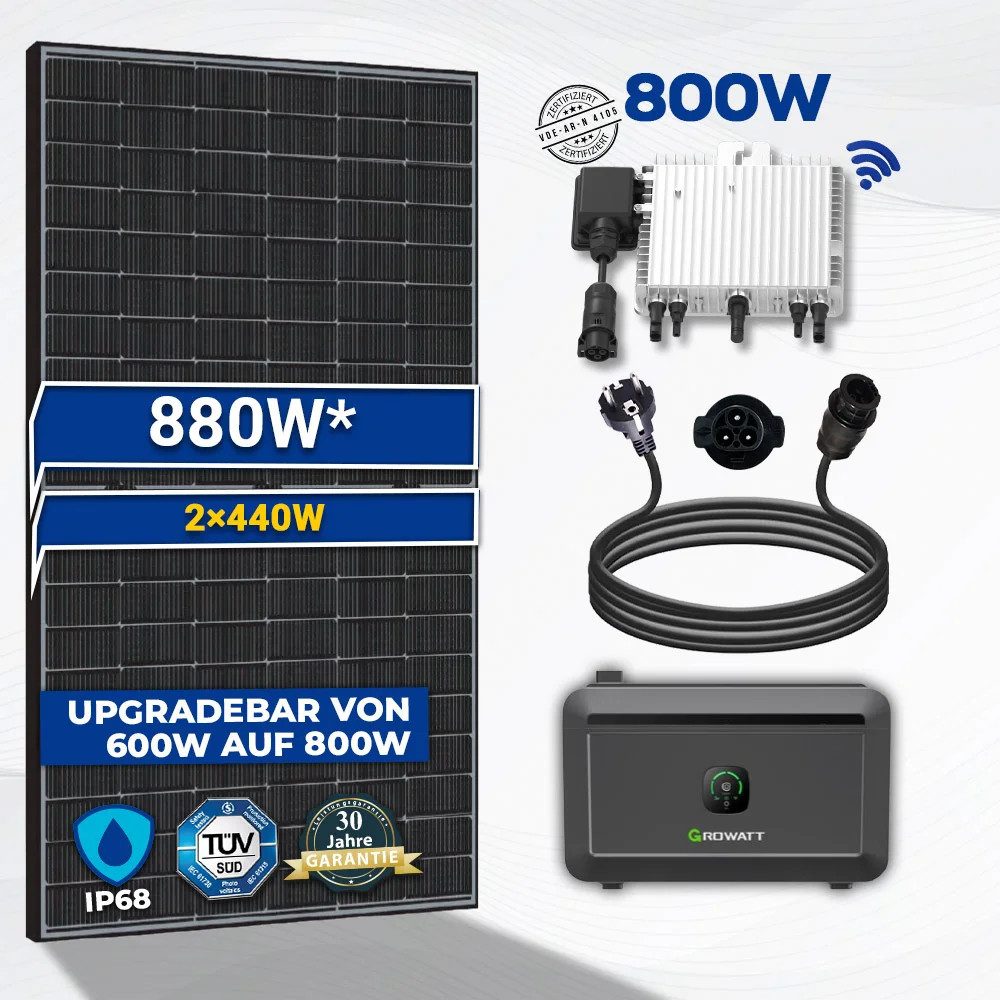 SOLAR-HOOK etm Solaranlage 880W Balkonkraftwerk 800W mit Noah Speicher Photovoltaik Solaranlage, inkl. Deye 800W WIFI Wechselrichter Smart Mini PV Anlage